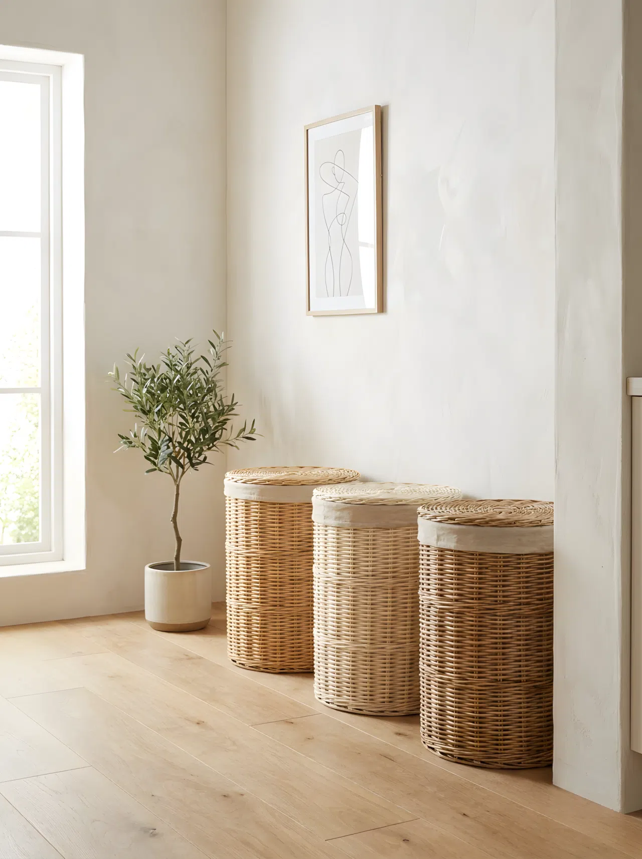 Japandi interior style woven rattan laundry sorting baskets in warm neutral tones, neatly arranged in a row against a light oak or warm white wall, minimalist and uncluttered, beautifully organized, soft bright natural light, realistic stock photo style, slight side angle.