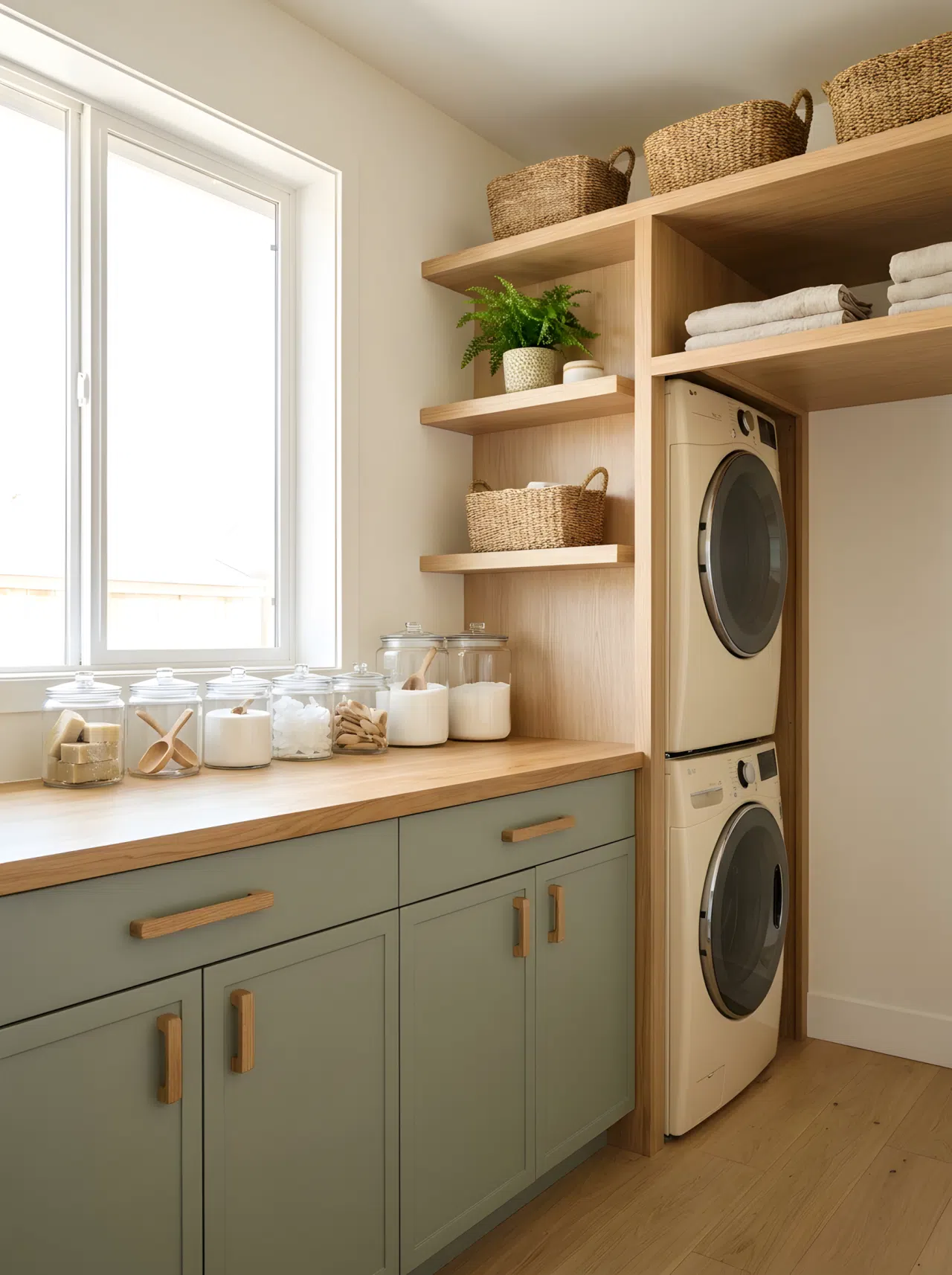 Japandi interior style laundry nook with muted sage green lower cabinetry and light oak wood accents, clean and tidy countertop, minimalist styling with neatly arranged glass jars, warm neutral palette, bright natural light, realistic photography, eye-level shot.