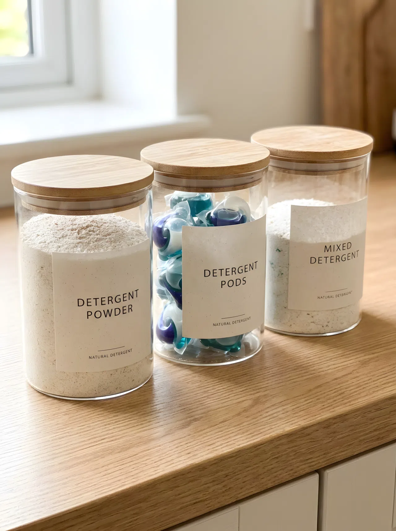 Japandi style glass jars with light wood lids filled with detergent powder and pods, neatly labeled, arranged on a light oak wood countertop, minimalist and clean, warm neutral tones, bright natural light, realistic close-up photography.