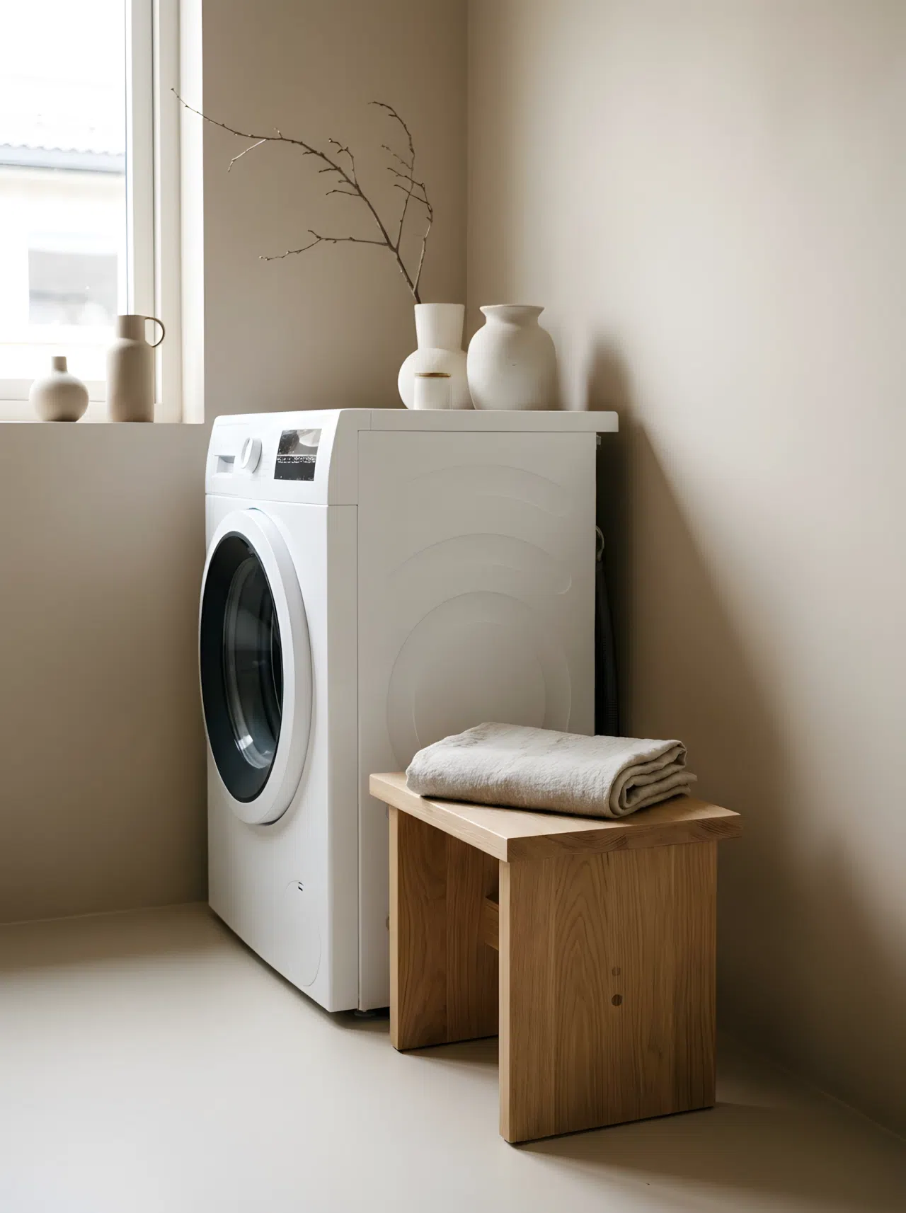 Japandi interior style small light oak wooden stool beside a washing machine with a neatly folded linen towel on top, minimalist low-profile design, warm neutral palette, clean and uncluttered, bright natural light, realistic home photo, eye-level angle.