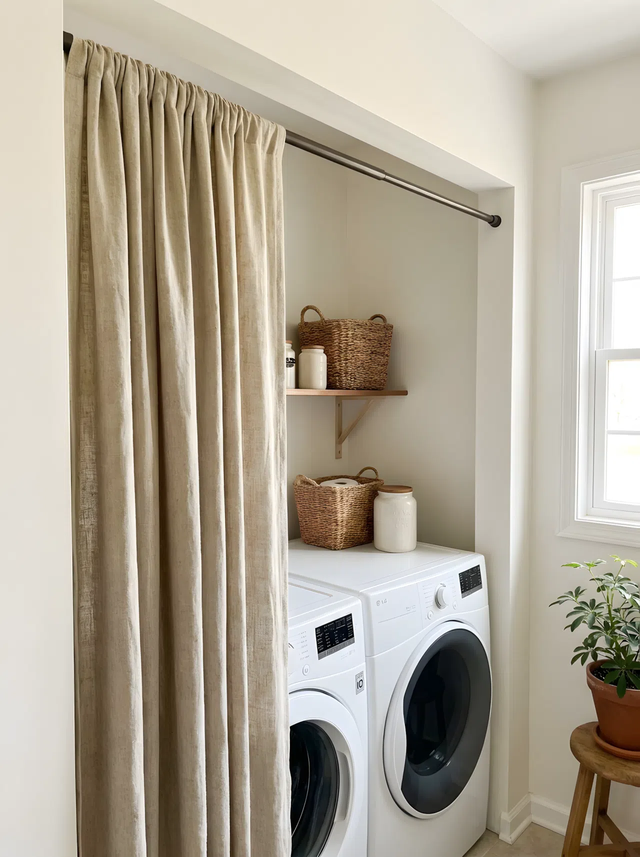 Japandi interior style linen curtain in warm oatmeal tone on a slim tension rod covering a washer and dryer nook, neatly draped, minimalist and clean, warm neutral palette, organized space, bright natural light, realistic photography.