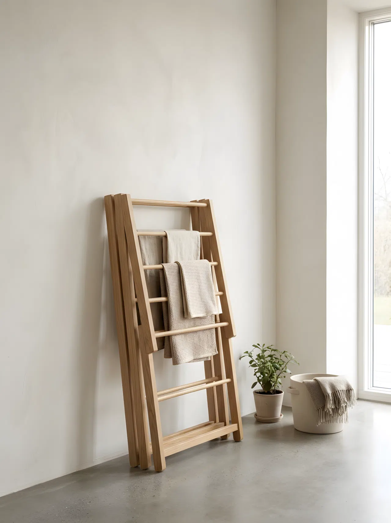 Japandi interior style foldable light oak wooden drying rack leaning against a warm white wall, neatly folded, minimalist and uncluttered laundry corner, clean lines, bright natural light, realistic stock photo.