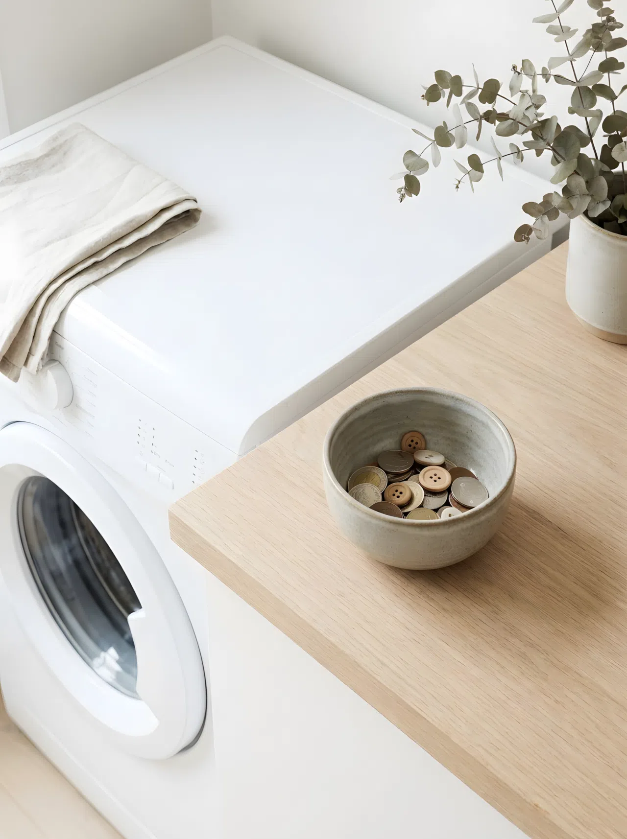 Japandi style small handmade ceramic bowl in a muted neutral glaze holding coins and buttons on a light oak wood counter beside a laundry machine, minimalist styling, clean and tidy, bright natural light, realistic close-up photography.