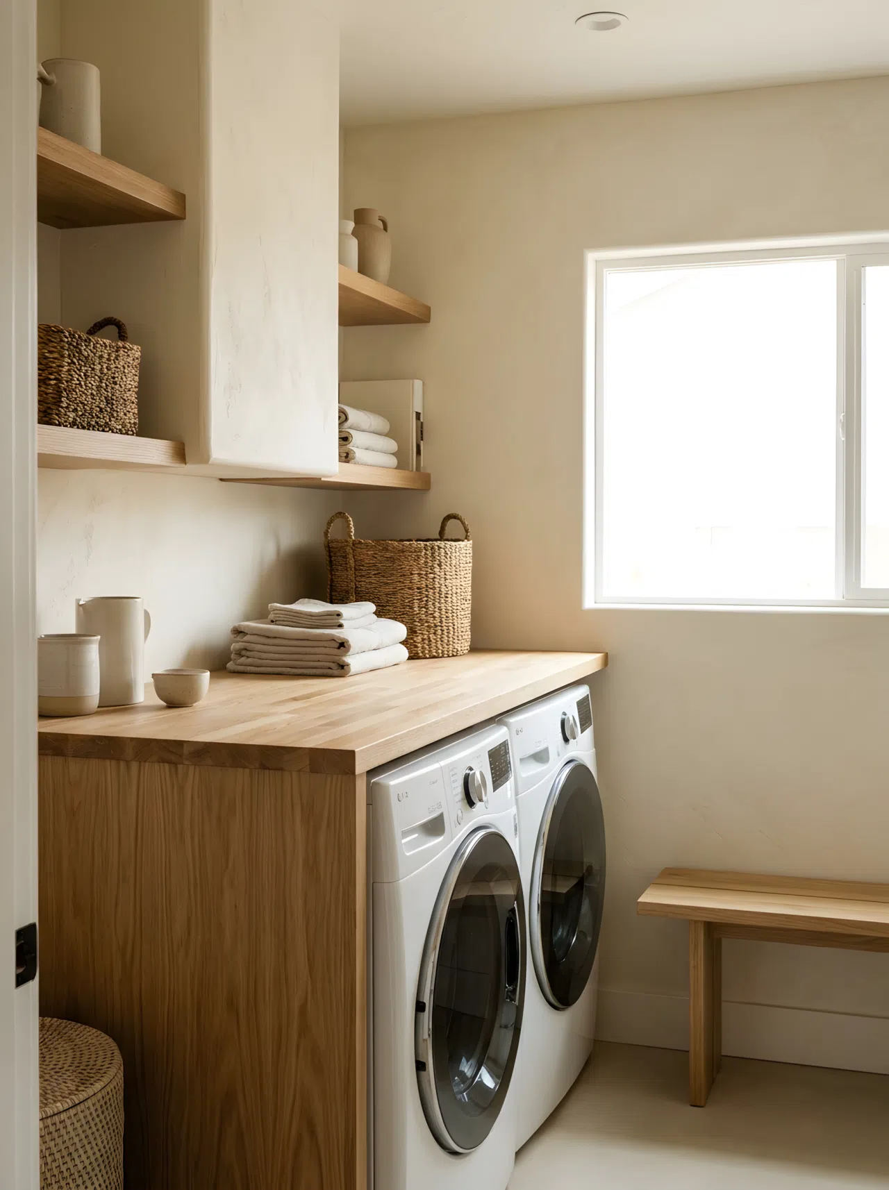 Japandi interior style butcher block light oak countertop installed over a stacked washer and dryer, minimalist folding station with clean lines, warm neutral palette, neatly organized, bright natural light, realistic interior photography, side angle.