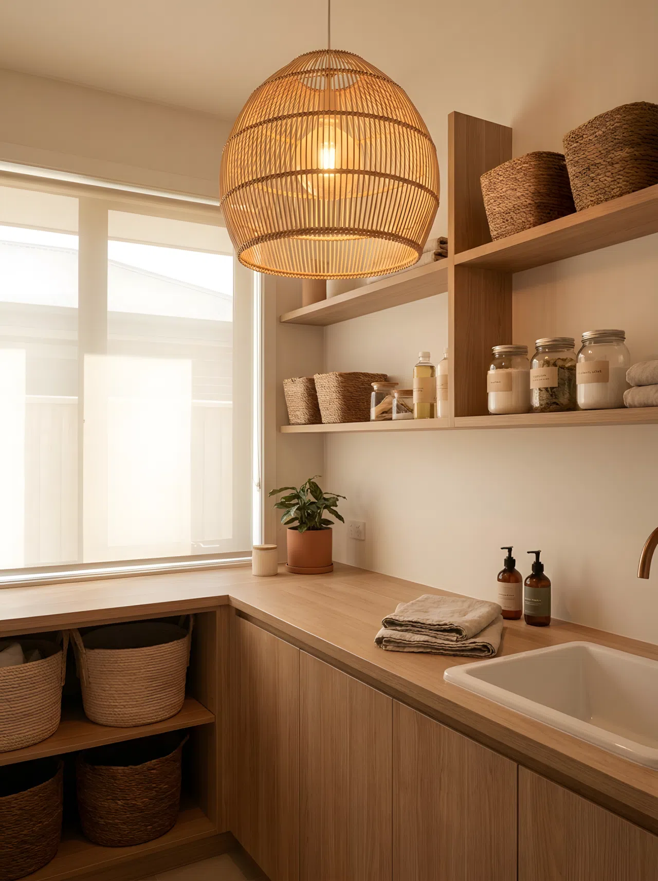 Japandi interior style warm-toned pendant light fixture glowing softly above a tidy light oak laundry counter, minimalist and cozy, warm neutral tones, organized atmosphere, bright natural light mixed with warm lamp light, realistic photography.