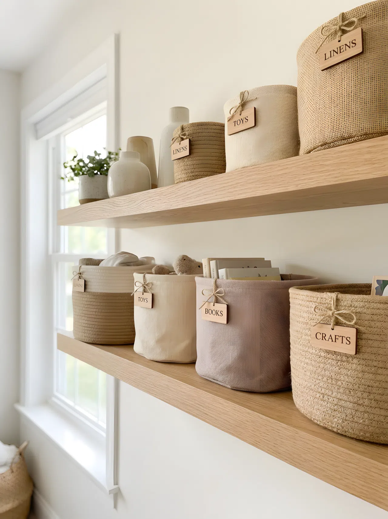 Japandi interior style storage bins in warm neutral tones with simple minimalist labels neatly arranged on a light oak open shelf, clean lines, organized and clean, bright natural light, realistic stock photo, eye-level angle.