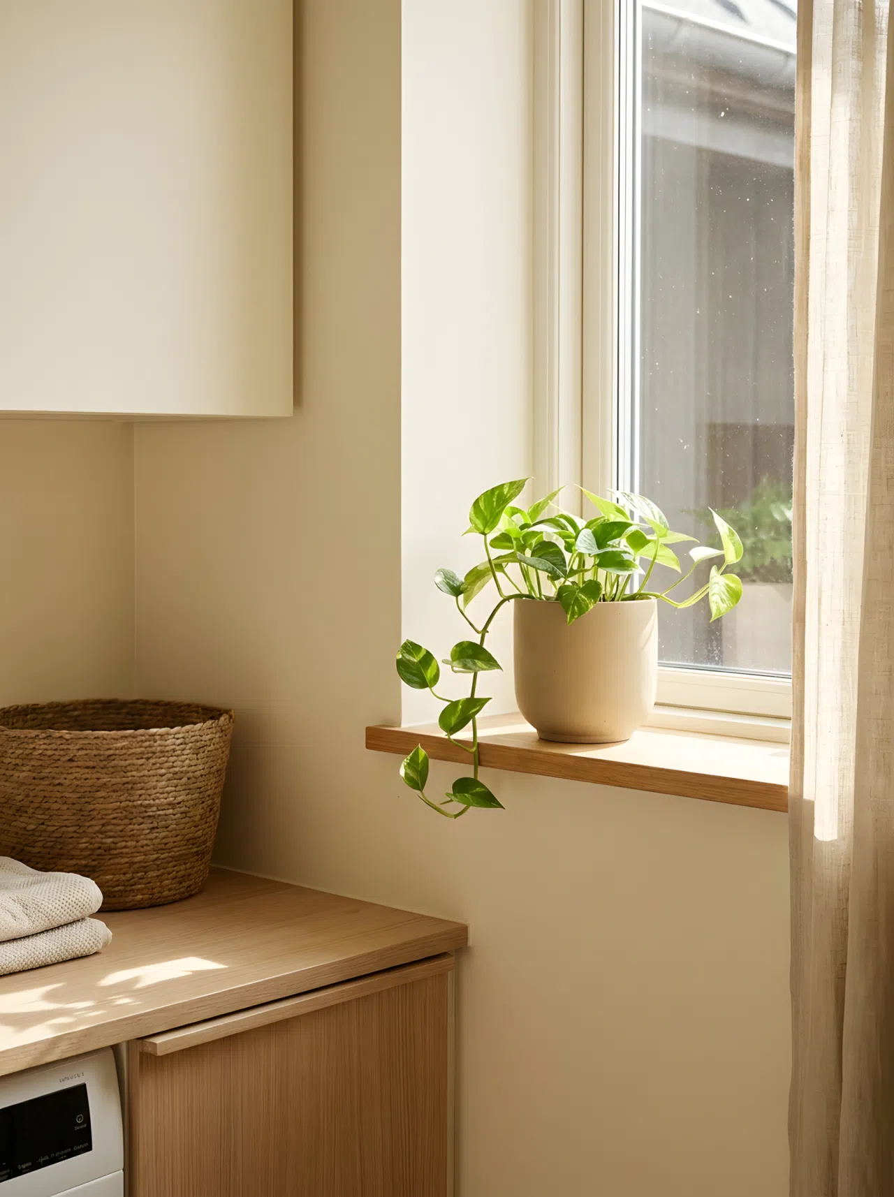 Japandi interior style small potted pothos plant in a matte neutral ceramic pot on a laundry room windowsill, minimalist styling, warm neutral palette, clean and bright, natural light streaming in, realistic photography.