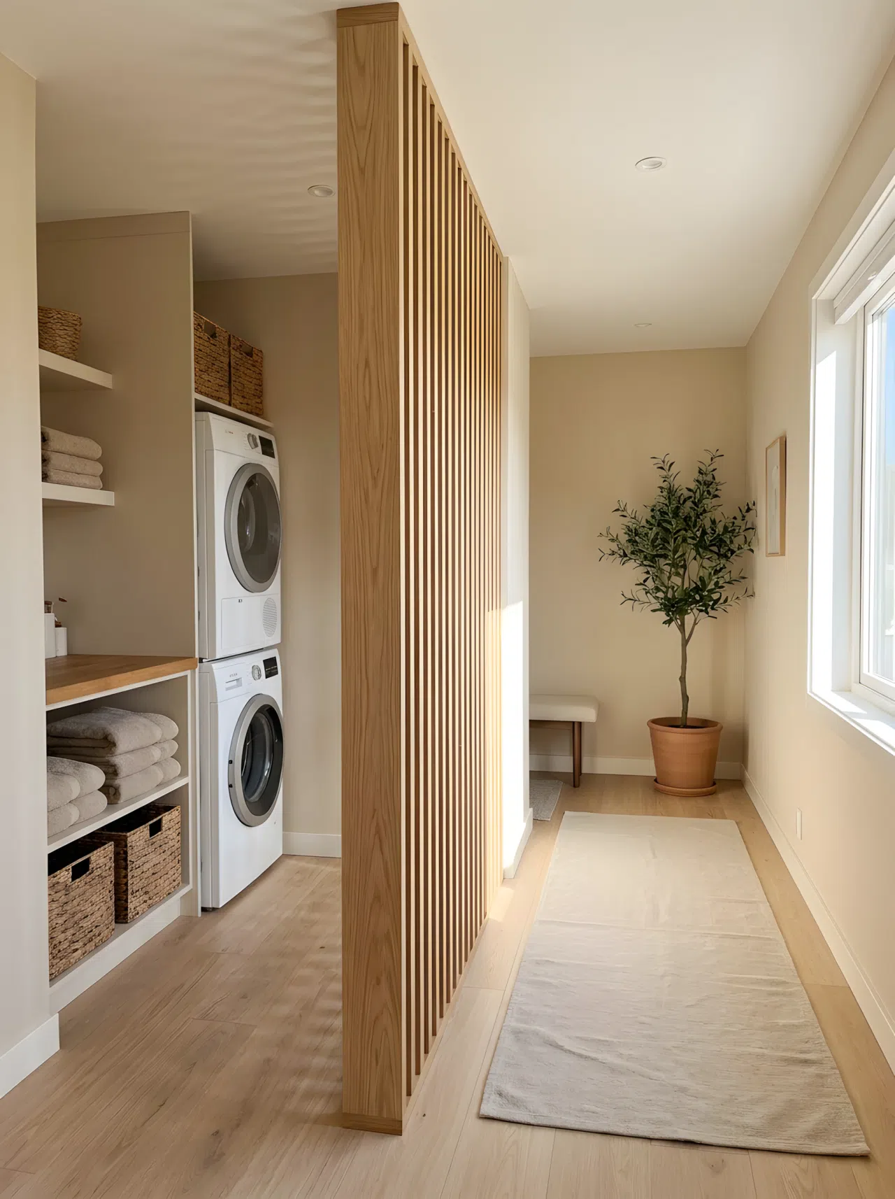 Japandi interior style slatted light oak wood room divider separating a laundry nook from a hallway, minimalist and clean layout, warm neutral tones, organized, bright natural light, realistic interior photography.