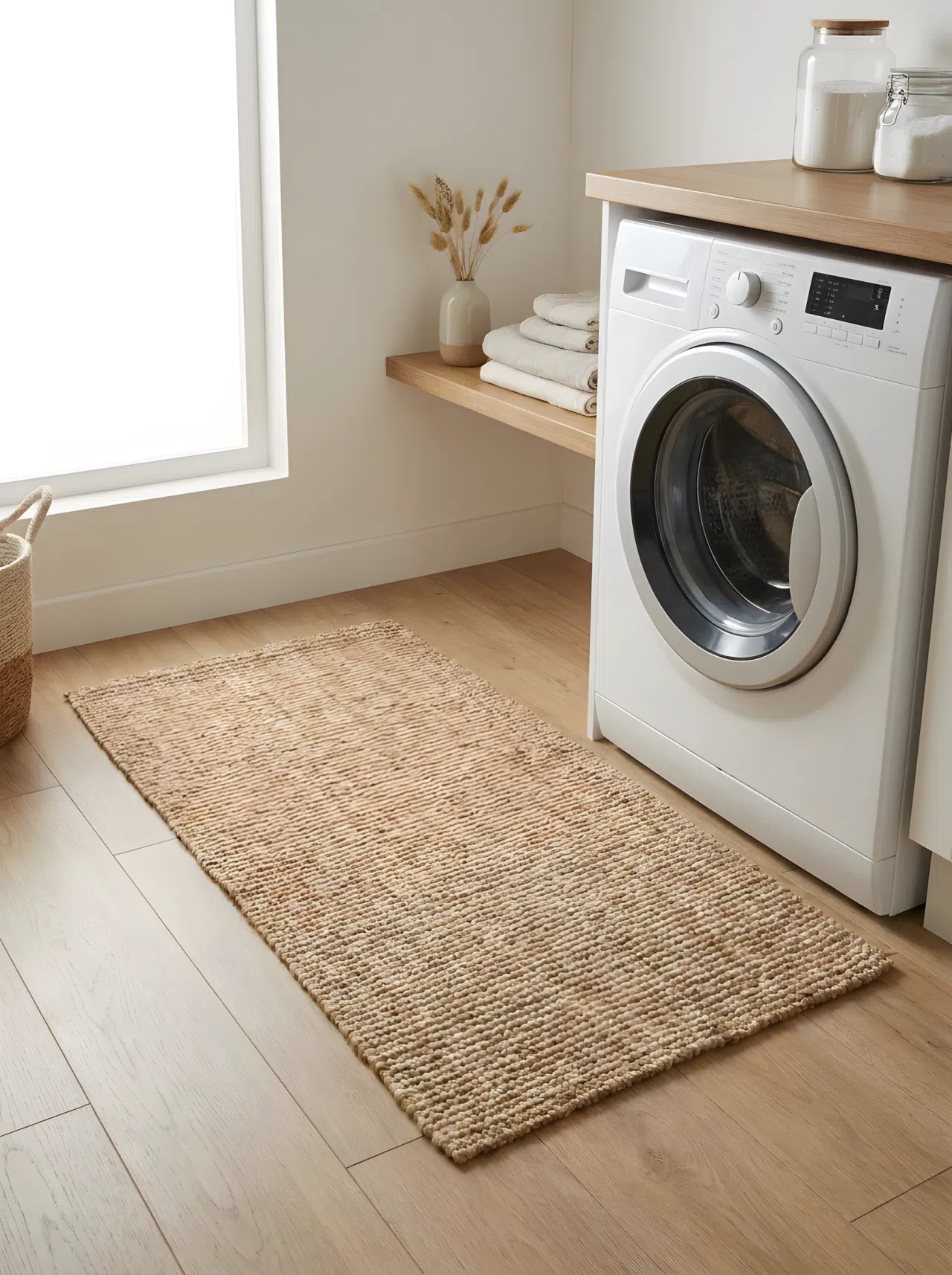 Japandi interior style woven jute mat in warm neutral tone laid neatly in front of a washing machine, minimalist and clean flooring, organized laundry space, bright natural light, realistic photography.