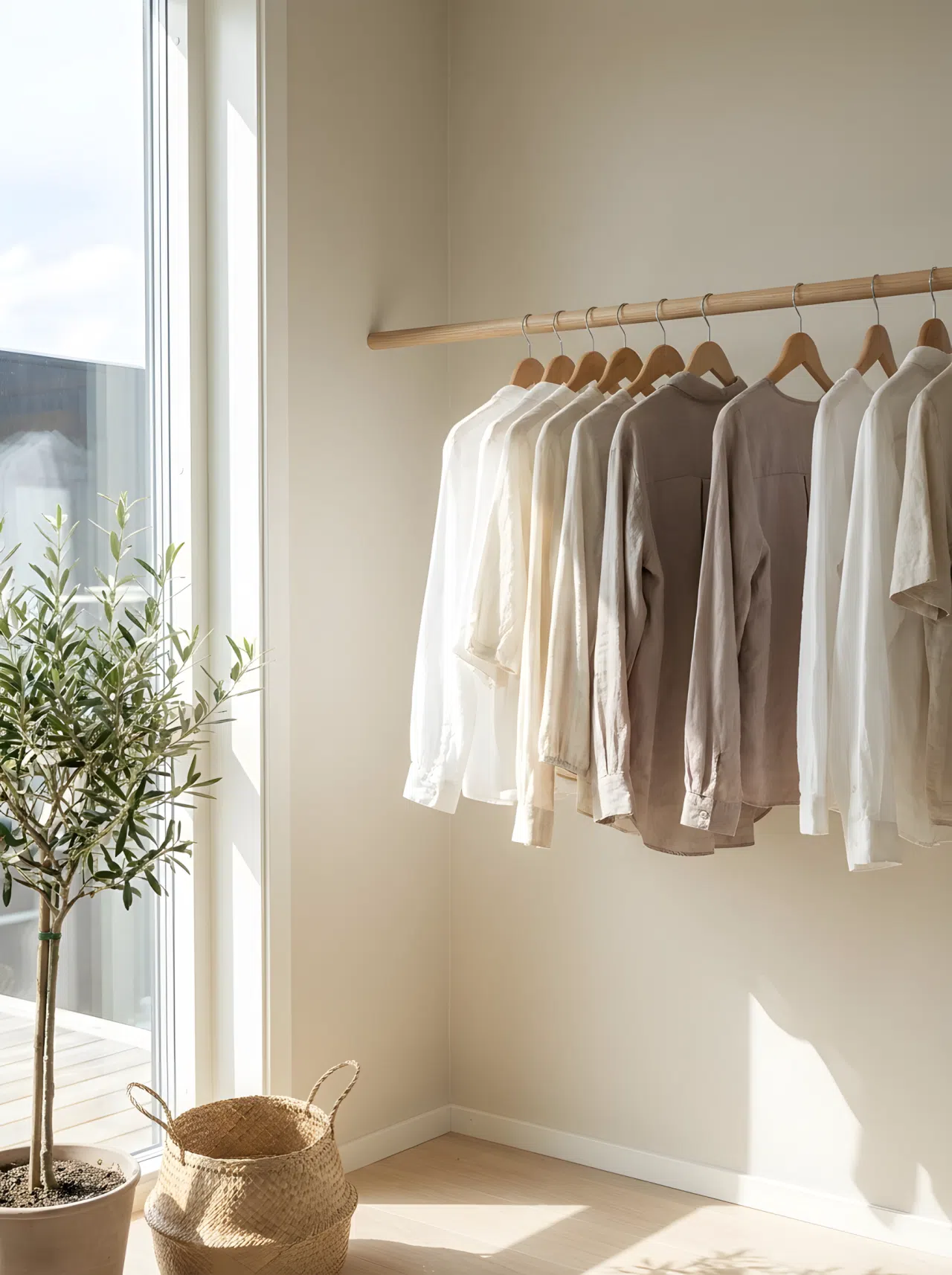 Japandi interior style slim light oak wooden dowel rod mounted near a window with blouses hanging neatly to air dry, minimalist and clean, warm neutral palette, organized, bright natural light, realistic photography.