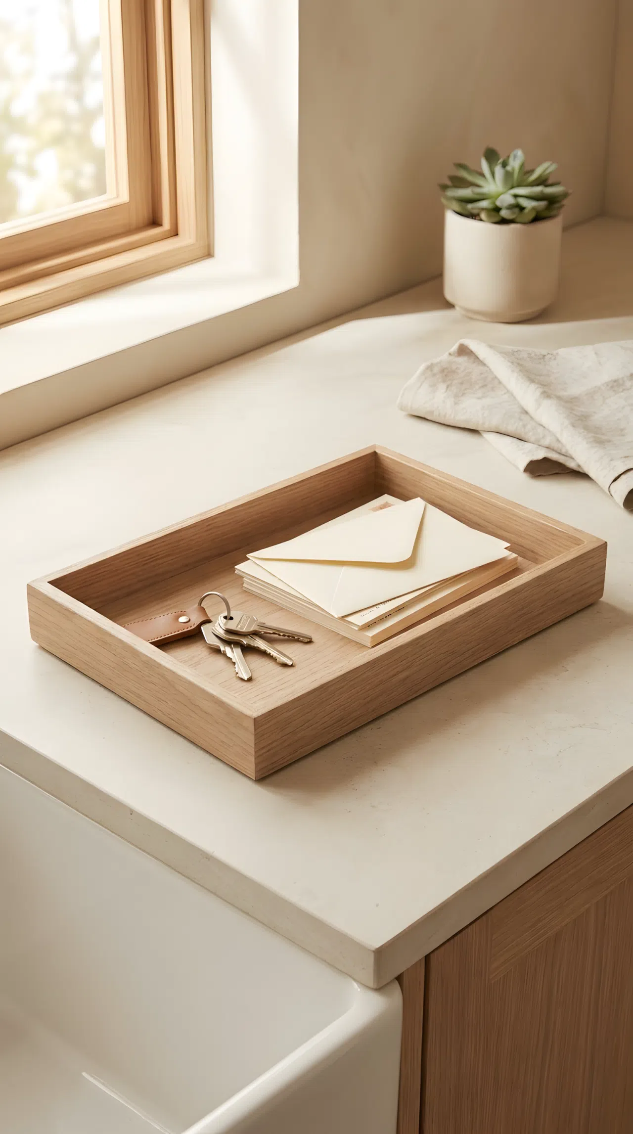 Japandi interior style shallow light oak wood tray holding keys and mail neatly arranged on a laundry counter, minimalist styling, clean and tidy, warm neutral tones, bright natural light, realistic close-up photography.