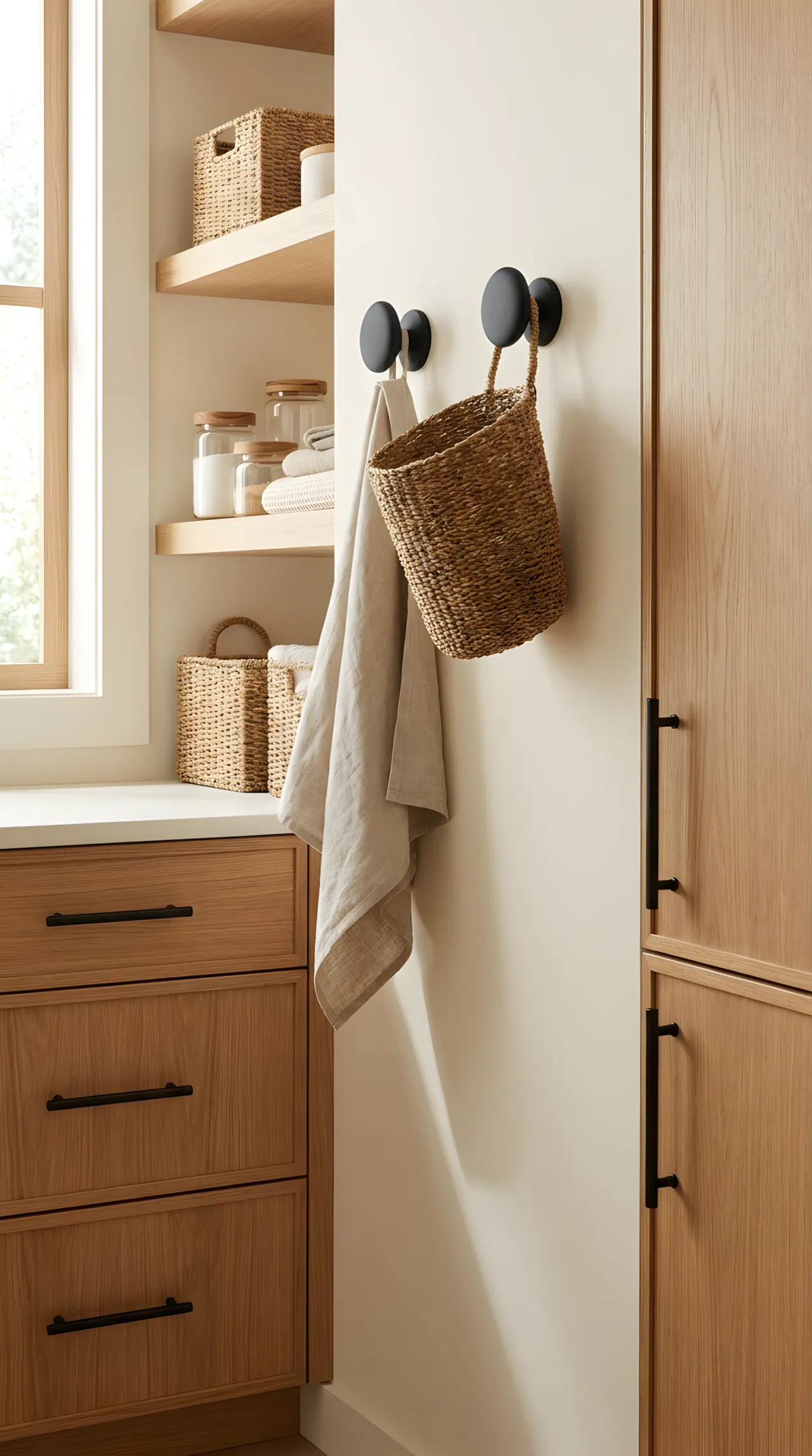 Japandi interior style matte black hooks and cabinet handles against light oak wood cabinetry in a laundry room, minimalist and clean contrast, warm neutral palette, organized, bright natural light, realistic photography, close angle.