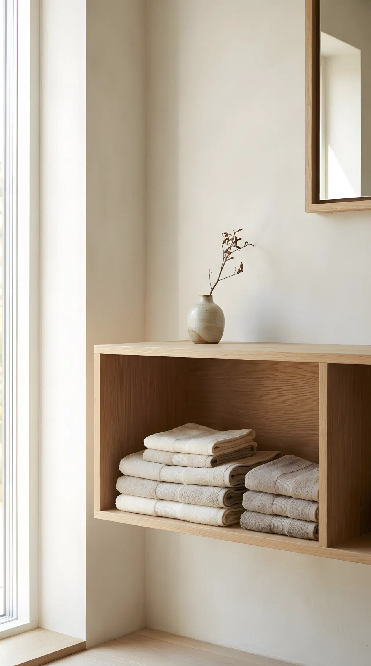 Japandi interior style neatly folded cream and oatmeal towels displayed on a light oak open shelf, minimalist and uncluttered, warm neutral palette, beautifully arranged, bright natural light, realistic photography.