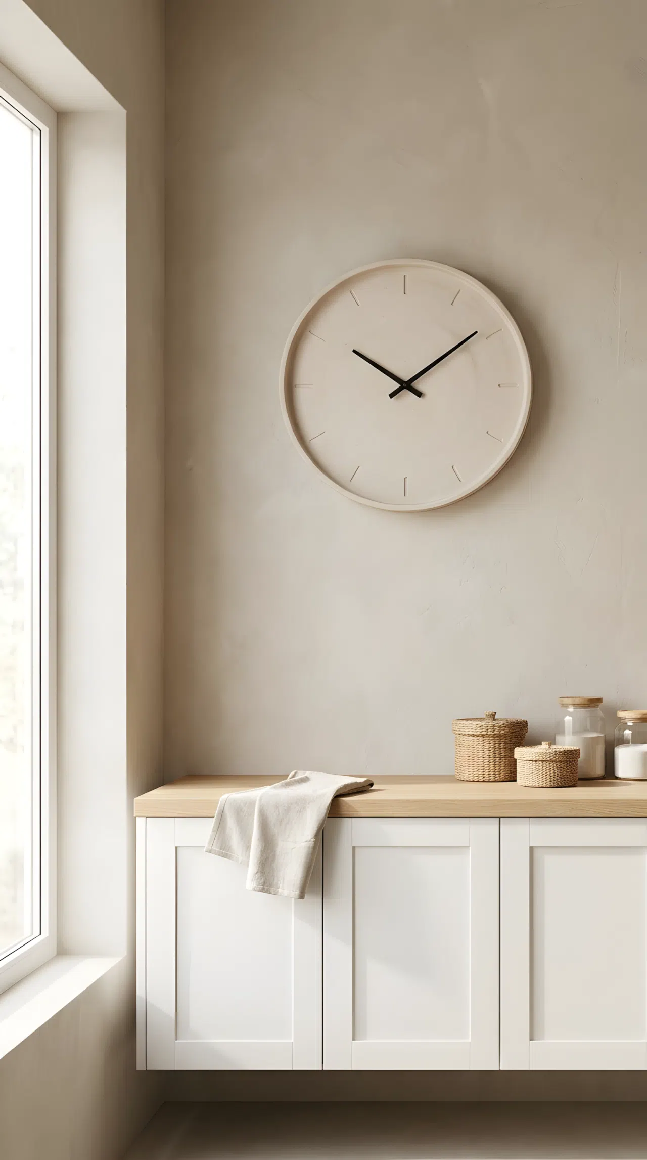 Japandi interior style round wooden or ceramic wall clock in a muted neutral tone hanging above a tidy light oak laundry counter, minimalist styling, clean lines, bright natural light, realistic photography.