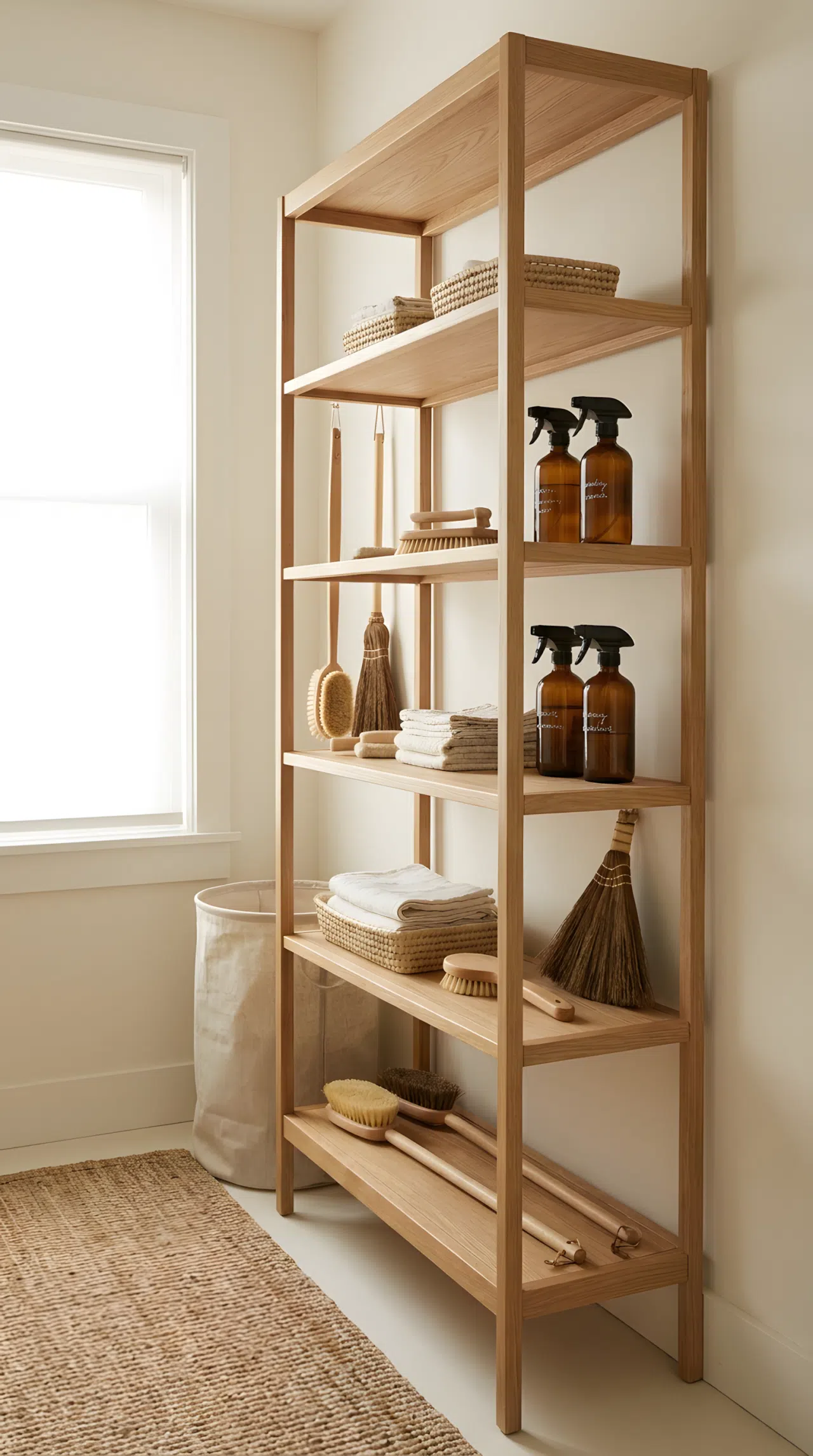 Japandi interior style narrow light oak open shelf holding upright cleaning brushes and tools, minimalist and neatly organized, warm neutral palette, clean laundry space, bright natural light, realistic photography.