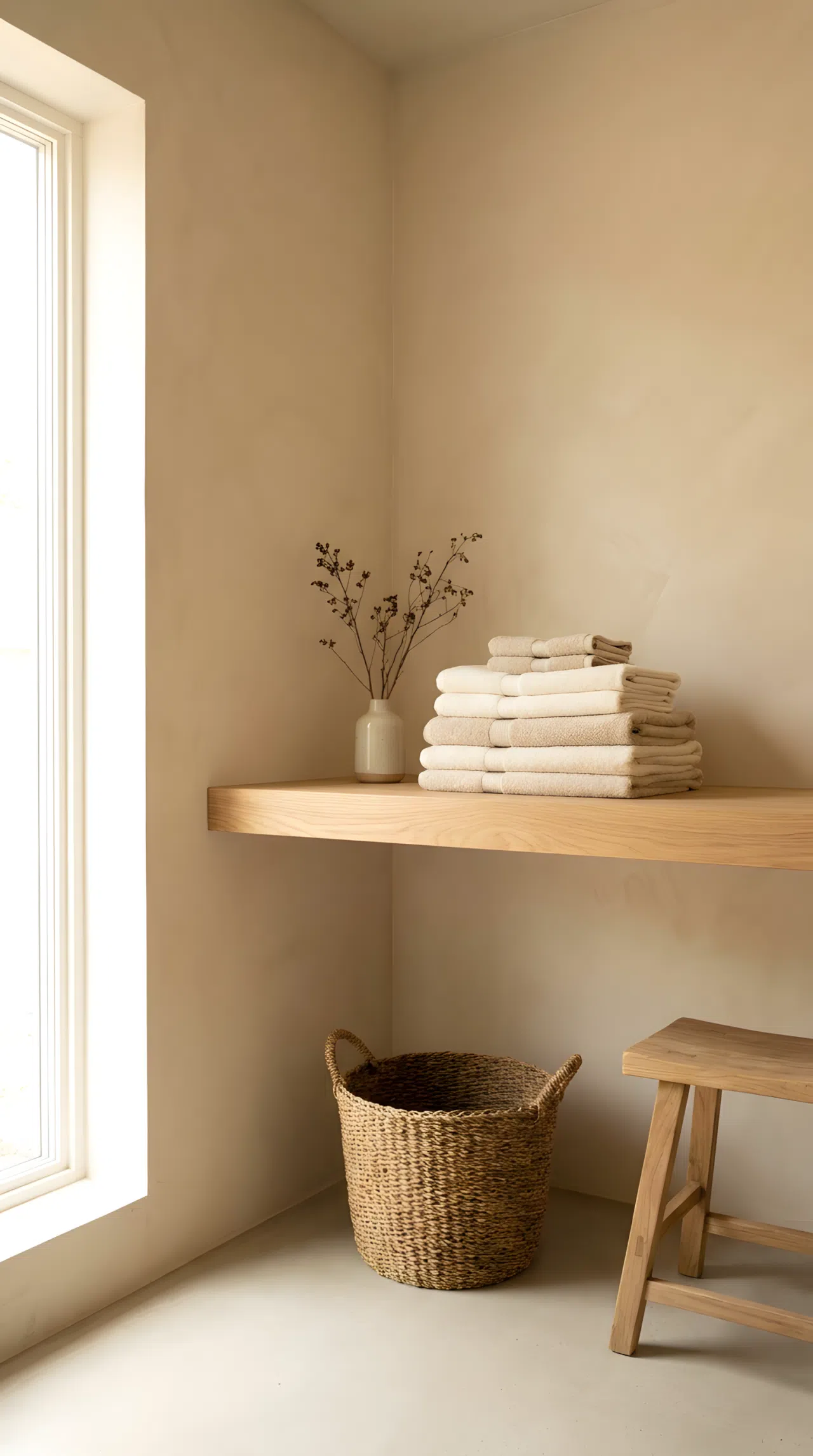 Japandi interior style empty laundry room corner with warm oatmeal colored walls, minimalist and uncluttered, light oak wood shelf with folded towels, clean lines, bright natural light, realistic interior photography.
