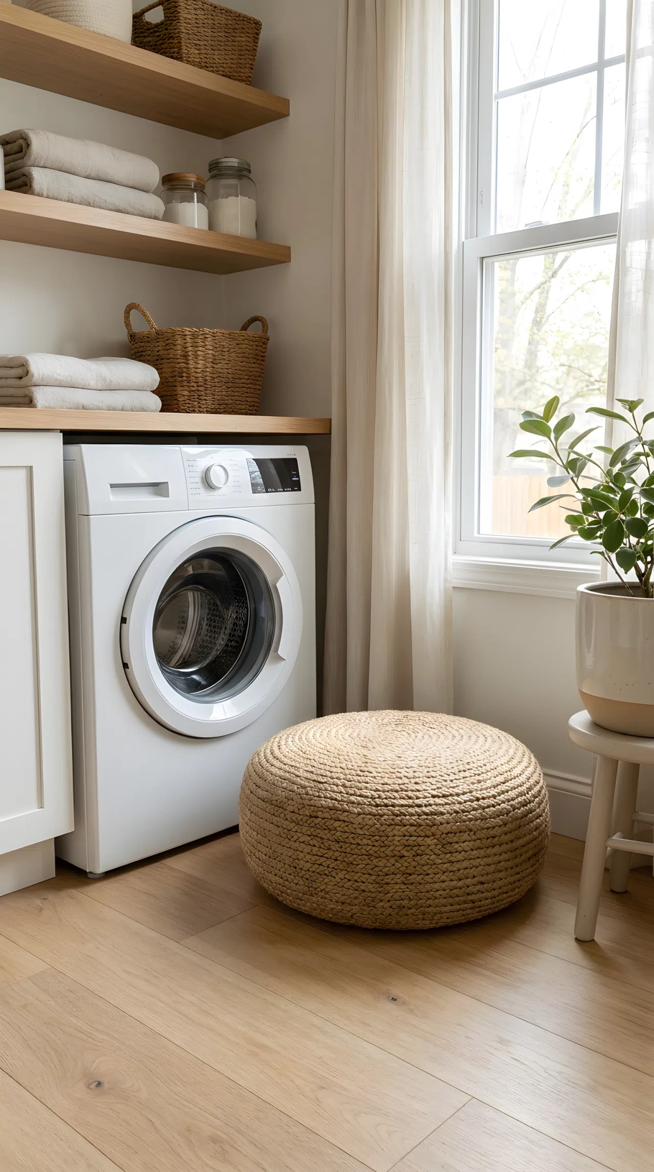 Japandi interior style small woven floor cushion in warm neutral tone placed neatly beside a washing machine, minimalist styling, organized and clean laundry nook, bright natural light, realistic photography.