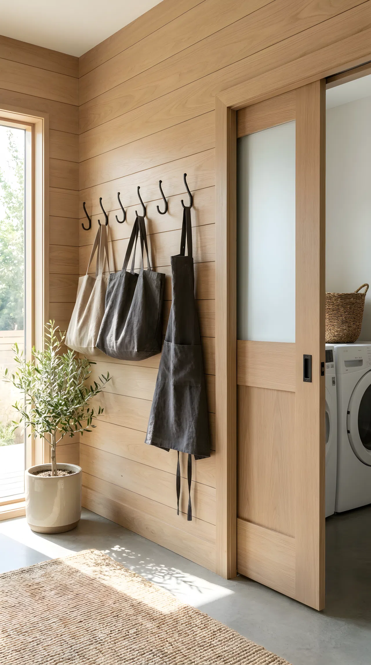 Japandi interior style row of matte black iron hooks holding neatly hung tote bags and an apron near a laundry room door with light oak wood paneling, minimalist and clean, warm neutral palette, organized, bright natural light, realistic photography.