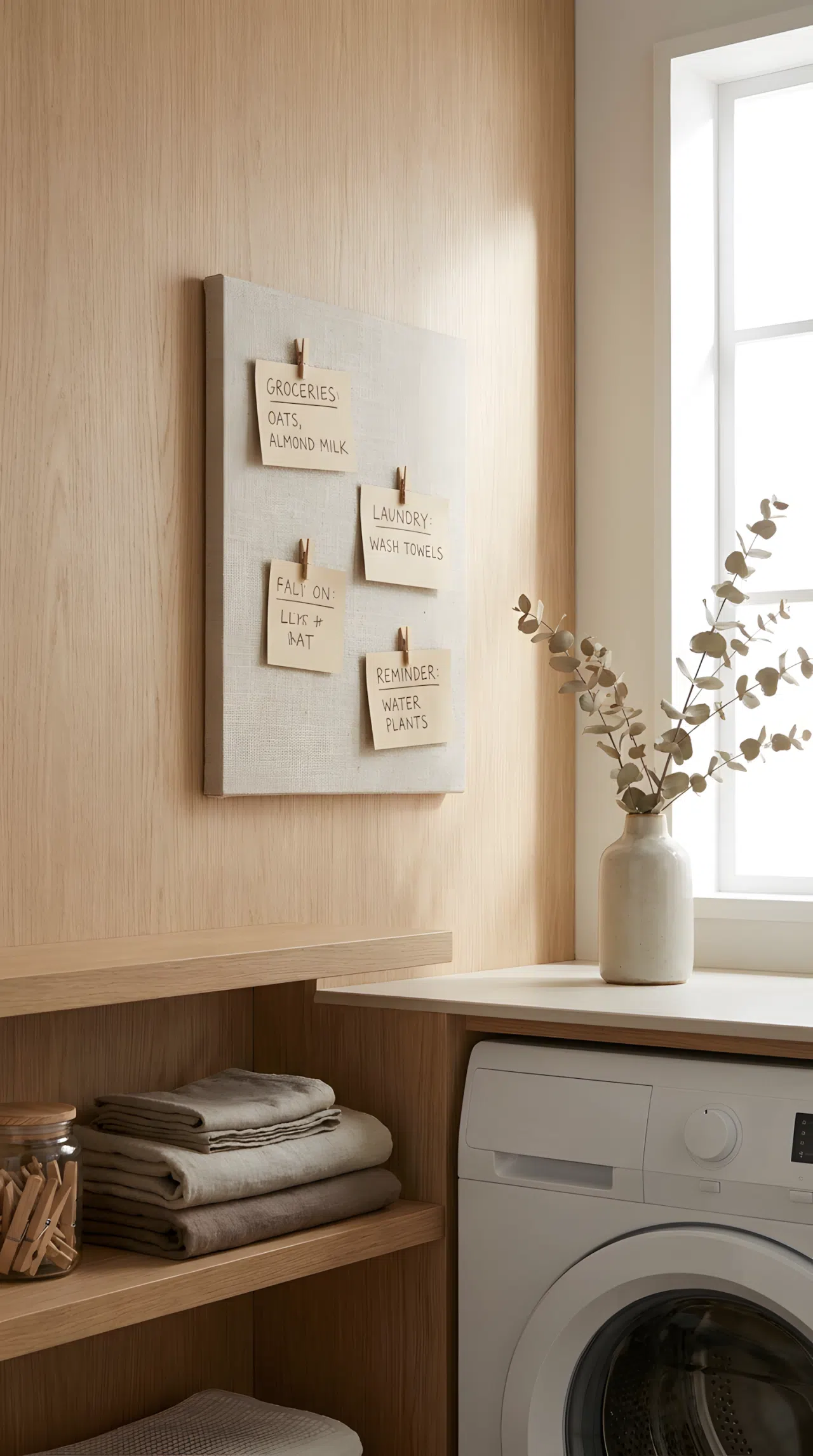 Japandi interior style small linen memo board in a warm neutral tone mounted on a light oak or warm white wall in a laundry room, minimalist styling, neatly written notes, clean and organized, bright natural light, realistic photography.