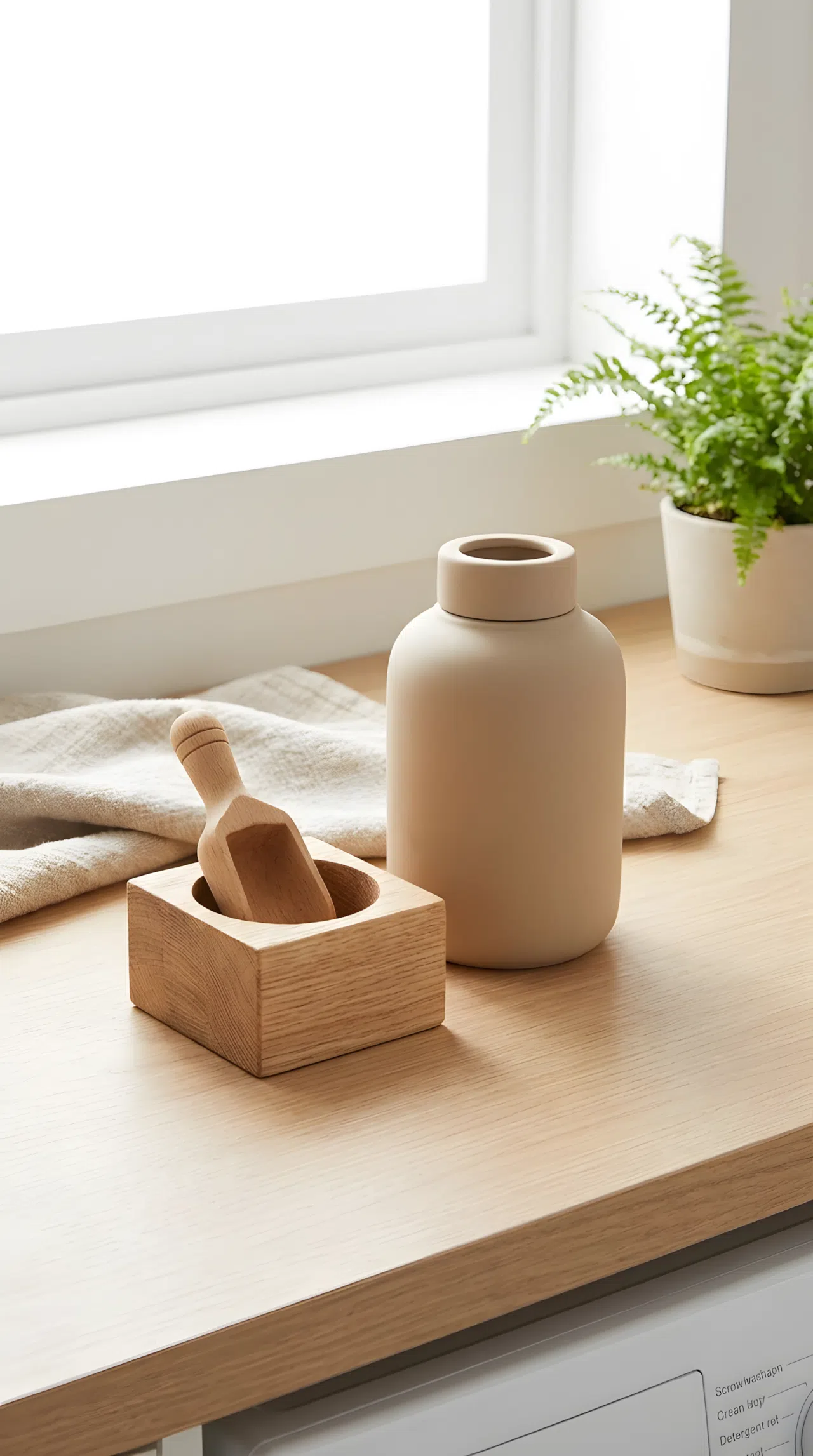 Japandi interior style small light oak wooden scoop holder beside a detergent container on a laundry counter, minimalist and clean, warm neutral palette, neatly arranged, organized, bright natural light, realistic close-up photography.