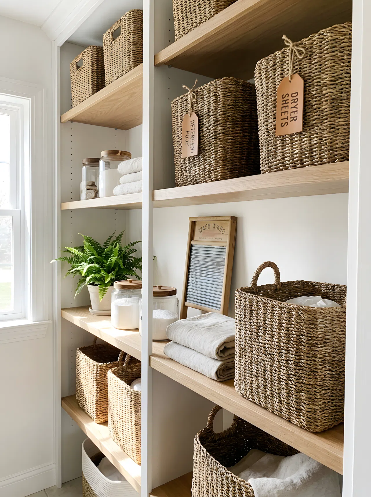 A realistic photograph of open laundry room shelving with matching woven baskets labeled for detergent pods and dryer sheets