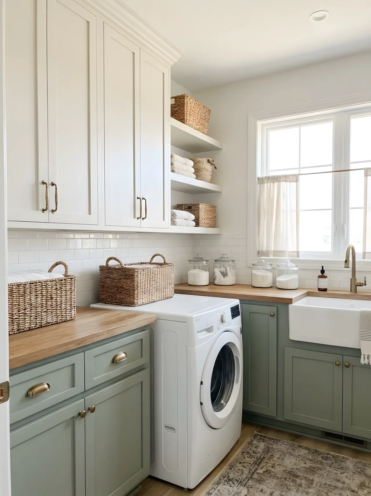 A realistic photograph of two-tone laundry room cabinets in soft white and sage green with brass hardware