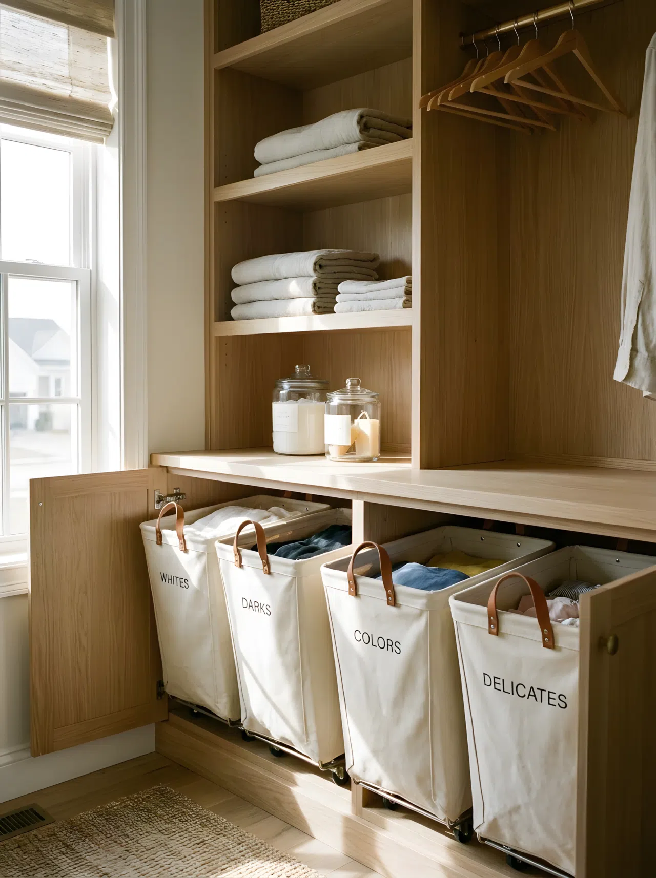 A realistic photograph of a built-in laundry cabinet with pull-out canvas hamper bins sorted by color