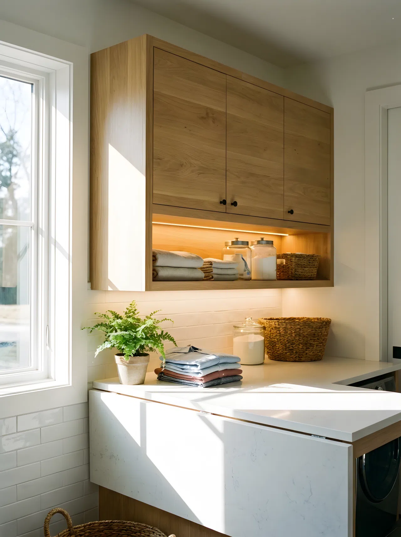 A realistic photograph of floating cabinets mounted above a laundry folding counter with under-cabinet lighting