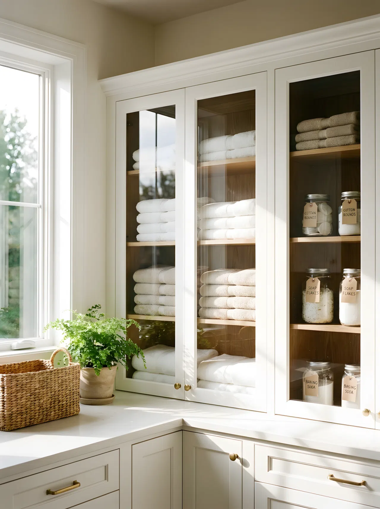 A realistic photograph of glass-front laundry cabinets displaying folded towels and labeled glass jars