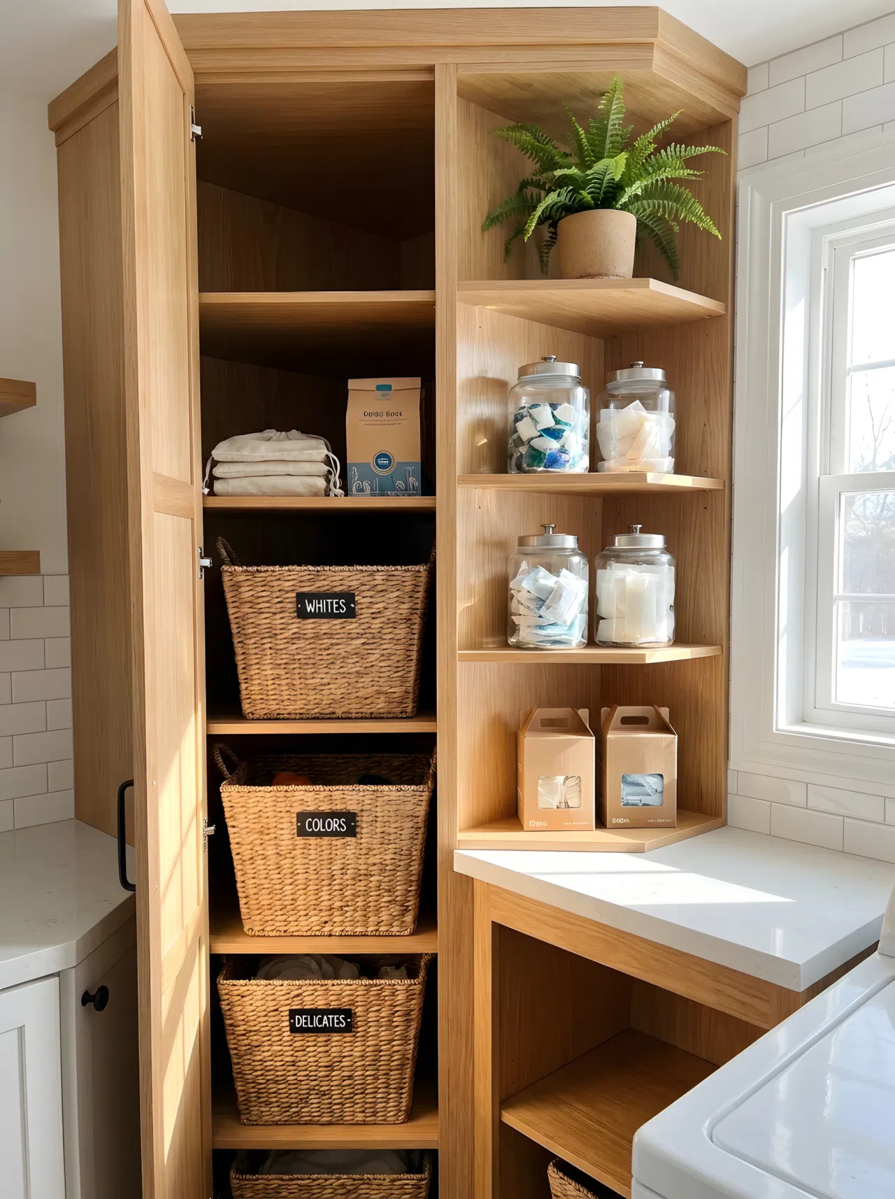 A realistic photograph of a corner laundry cabinet with angled diagonal shelves storing baskets and detergent refills