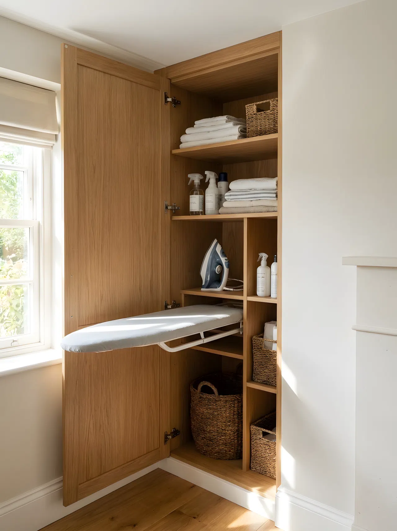 A realistic photograph of a slim laundry cabinet opened to reveal a fold-down ironing board and iron storage