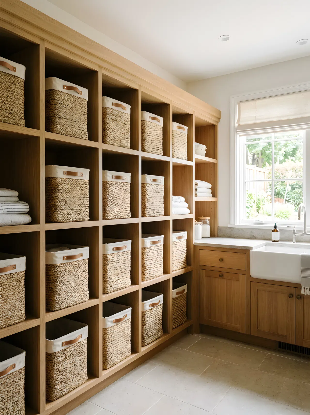 A realistic photograph of open cubby cabinets filled with uniform matching storage bins in a laundry room