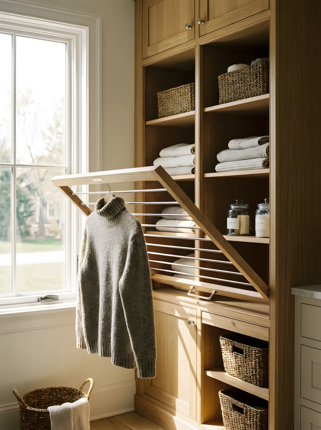 A realistic photograph of a tall laundry cabinet with a pull-out drying rack extended with a sweater hanging