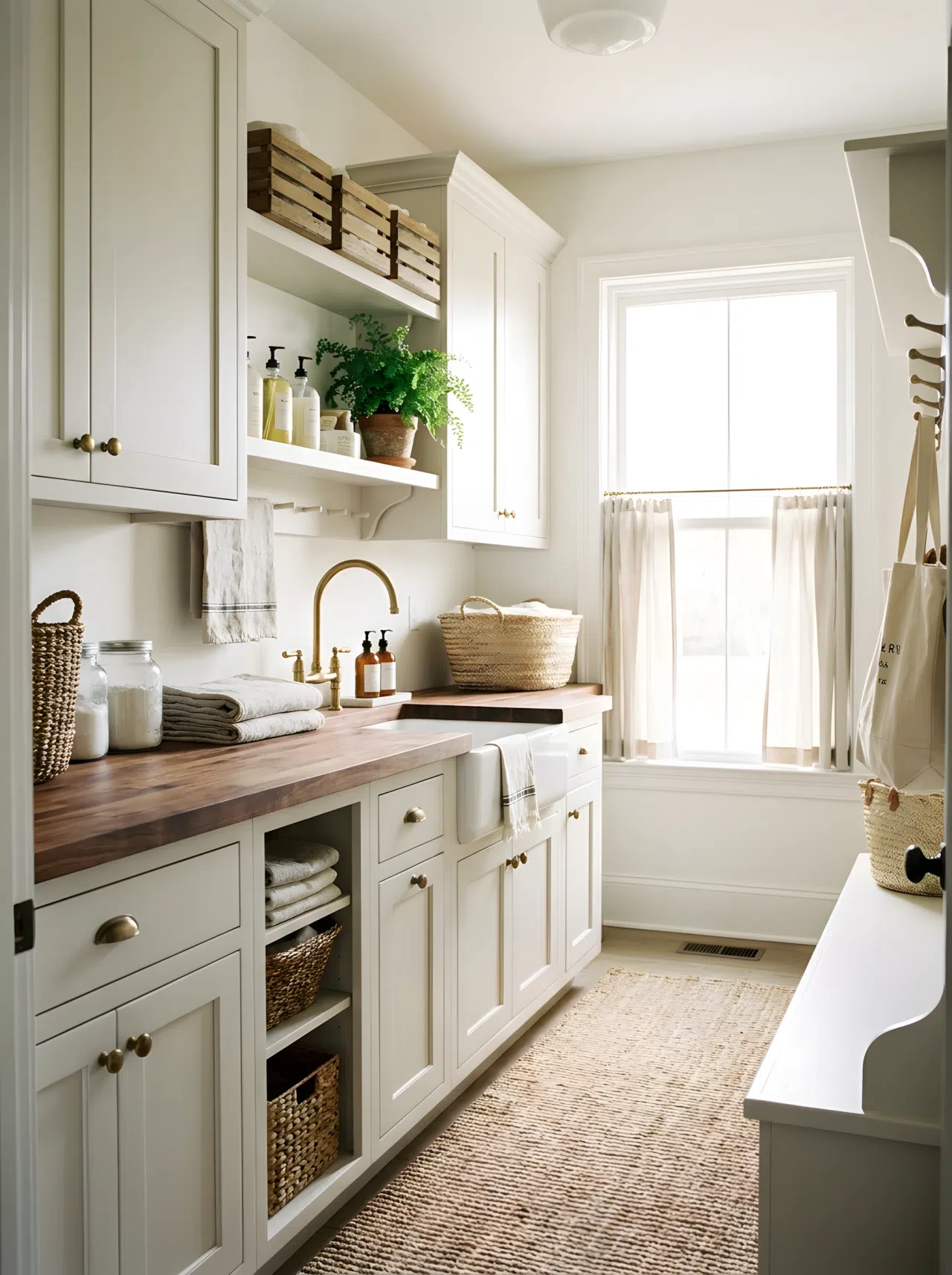 A realistic photograph of farmhouse shaker-style laundry cabinets in soft white with brass knobs and butcher block counter