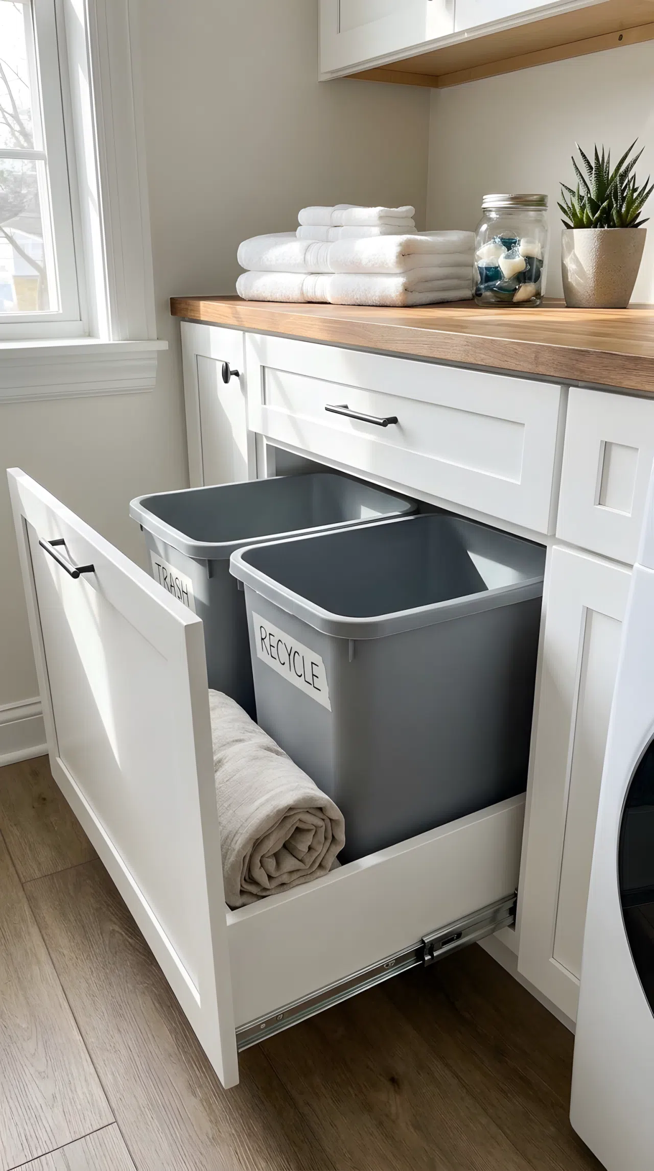 A realistic photograph of a laundry base cabinet with a pull-out double trash and recycling bin system
