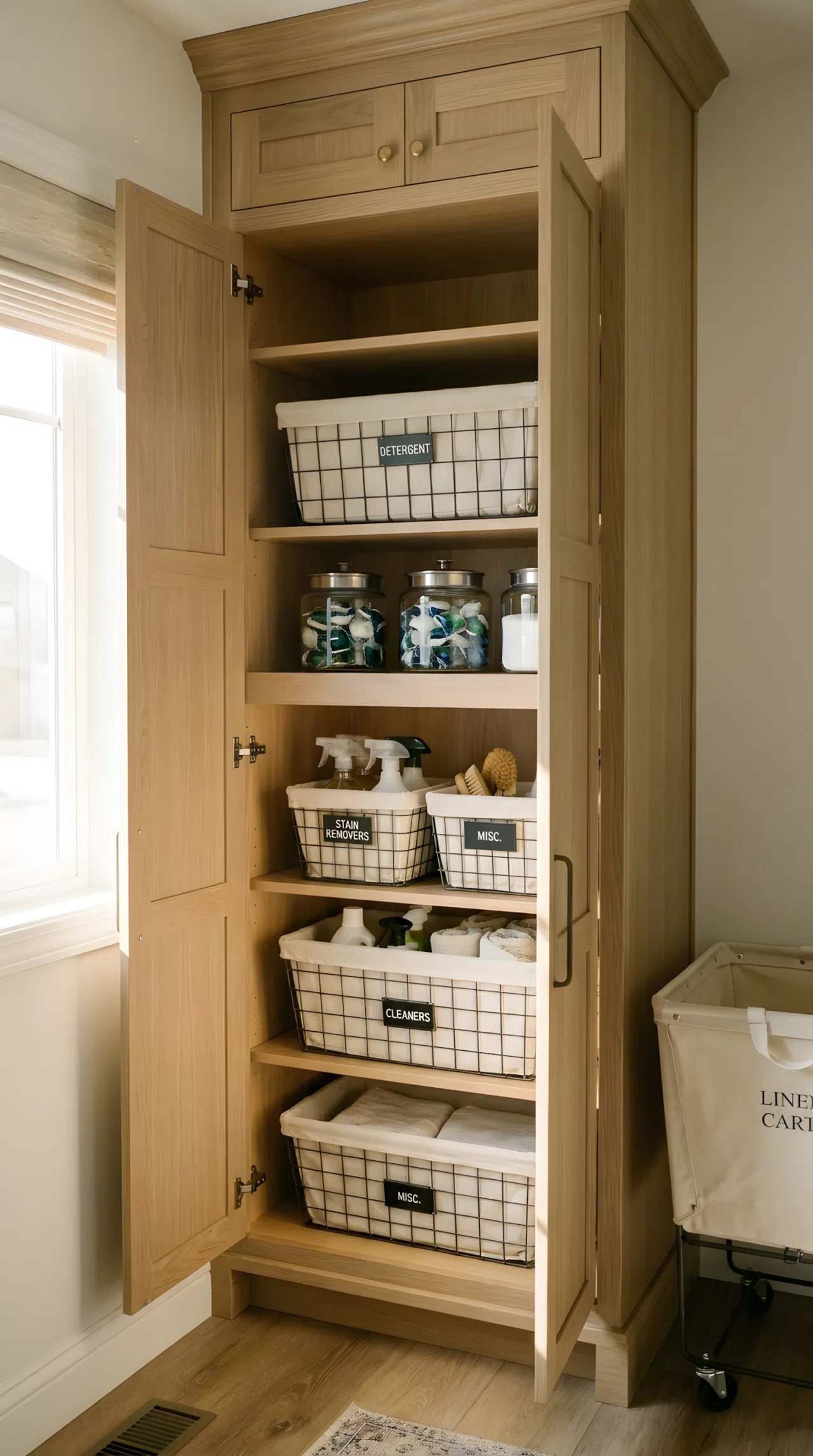 A realistic photograph of a tall pantry-style laundry cabinet with labeled wire baskets holding detergent and supplies