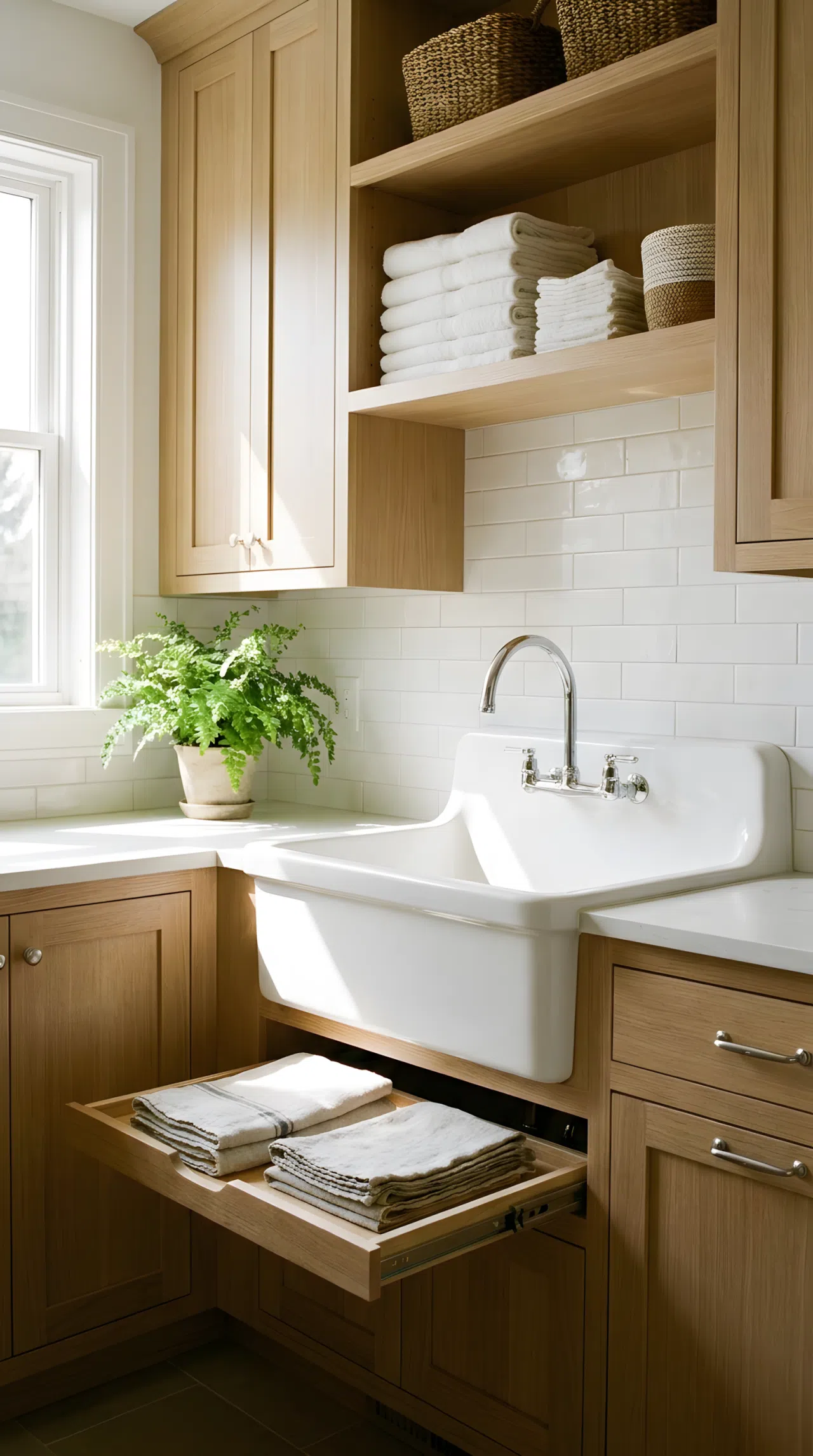 A realistic photograph of laundry cabinets surrounding a utility sink with a pull-out tray and folded rags on an open shelf