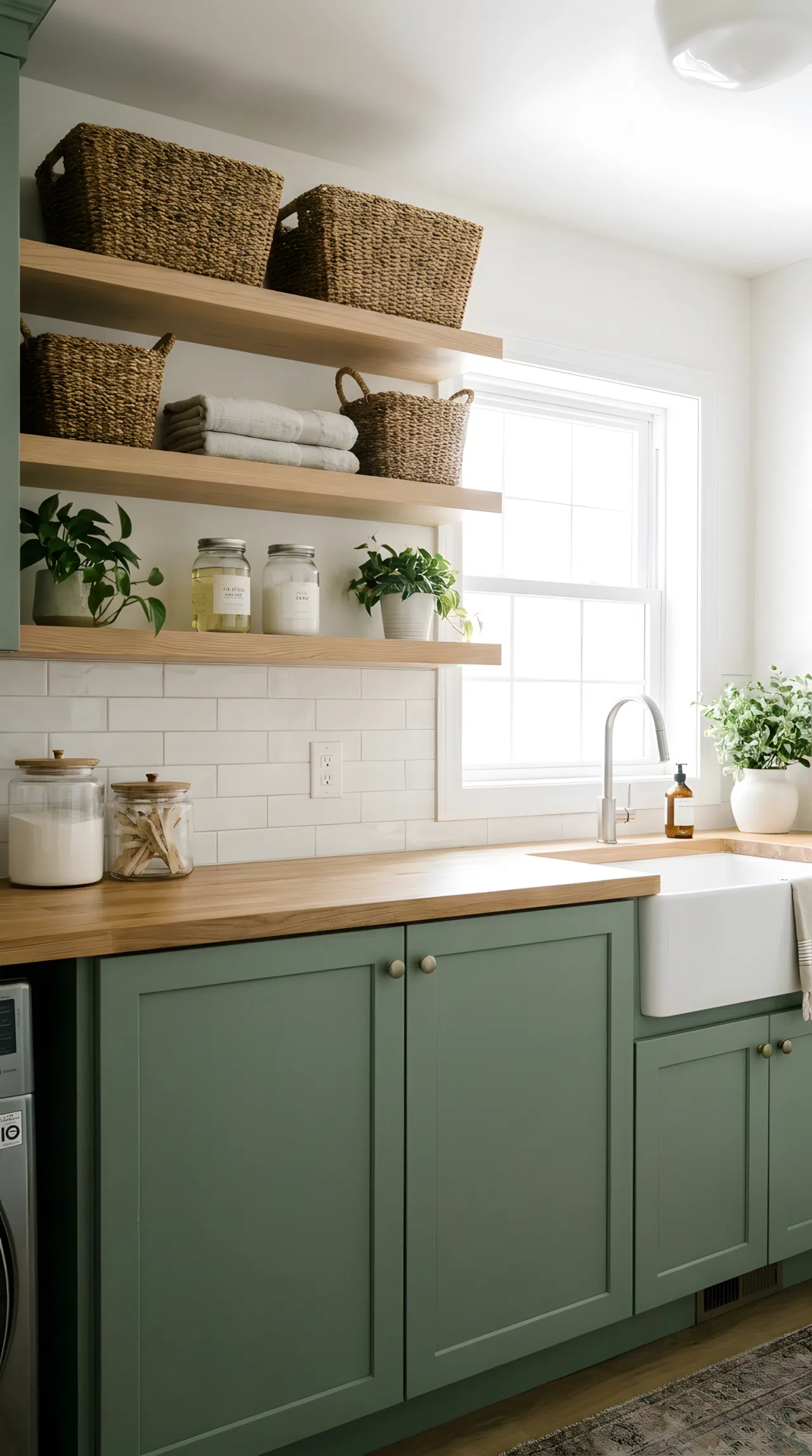 A realistic photograph of a laundry room wall combining open shelves with woven baskets and closed cabinets below