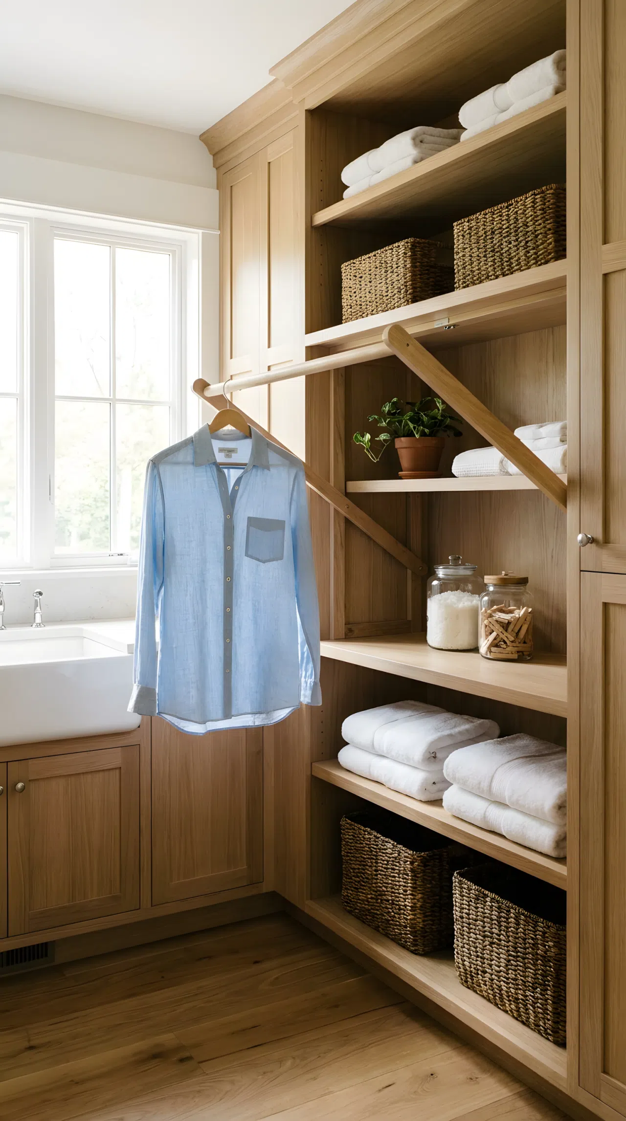 A realistic photograph of a laundry cabinet with a fold-out drying rod extended holding a shirt
