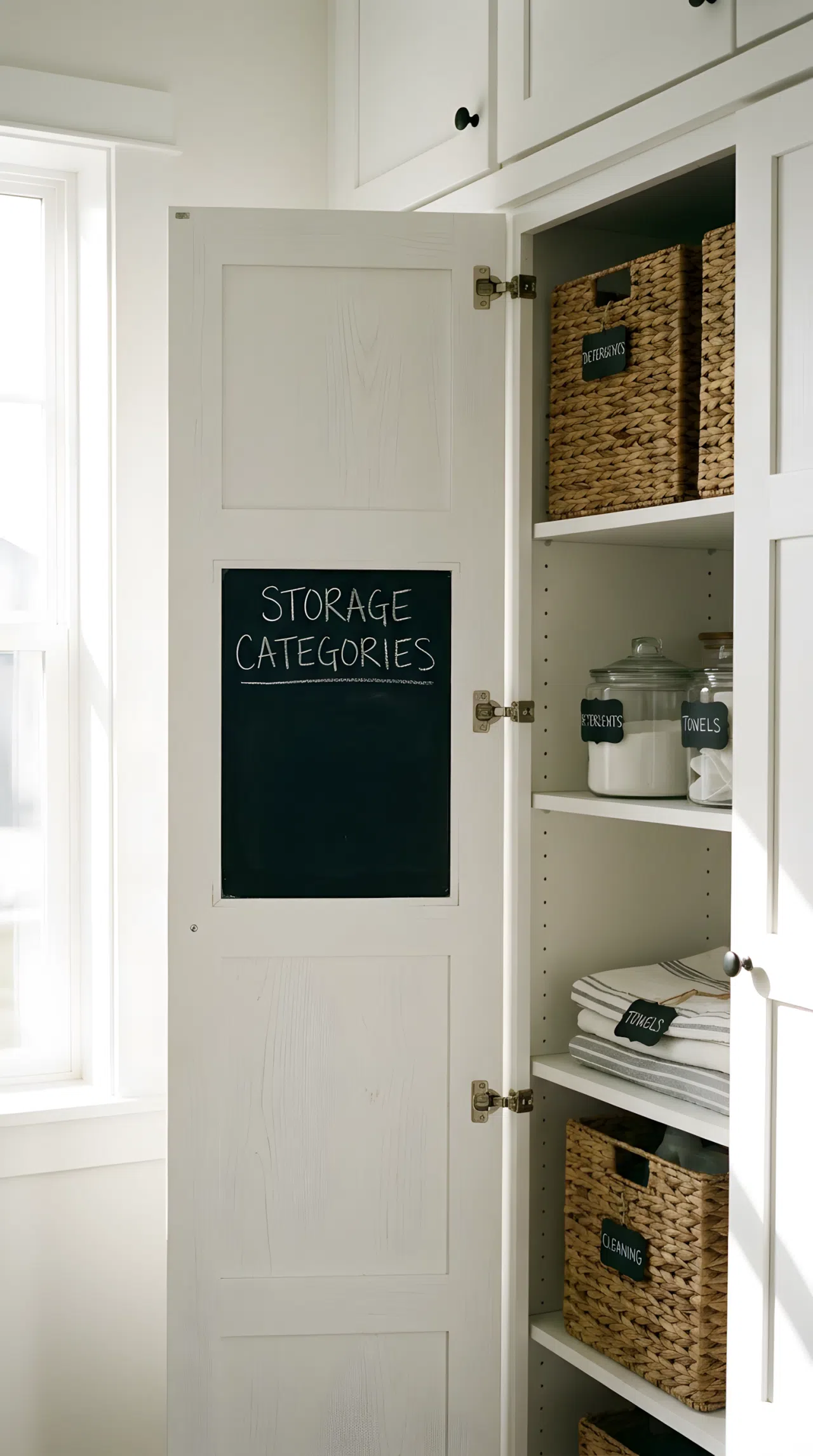 A realistic photograph of a white laundry cabinet door with a small chalkboard label panel reading storage categories