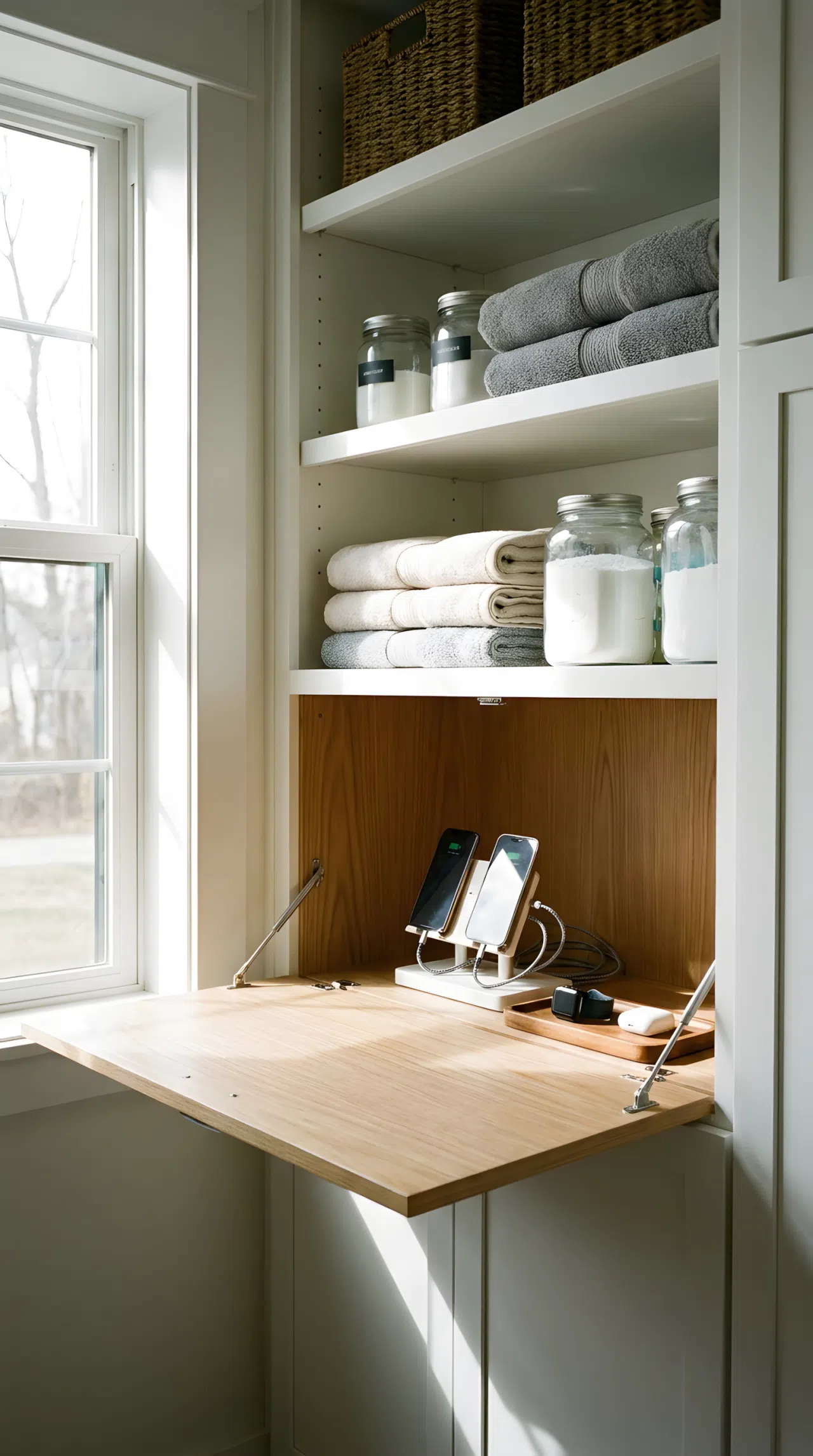 A realistic photograph of a laundry cabinet nook with a drop-down door revealing a phone charging station and tray, neatly made, beautifully arranged, organized, clean, b