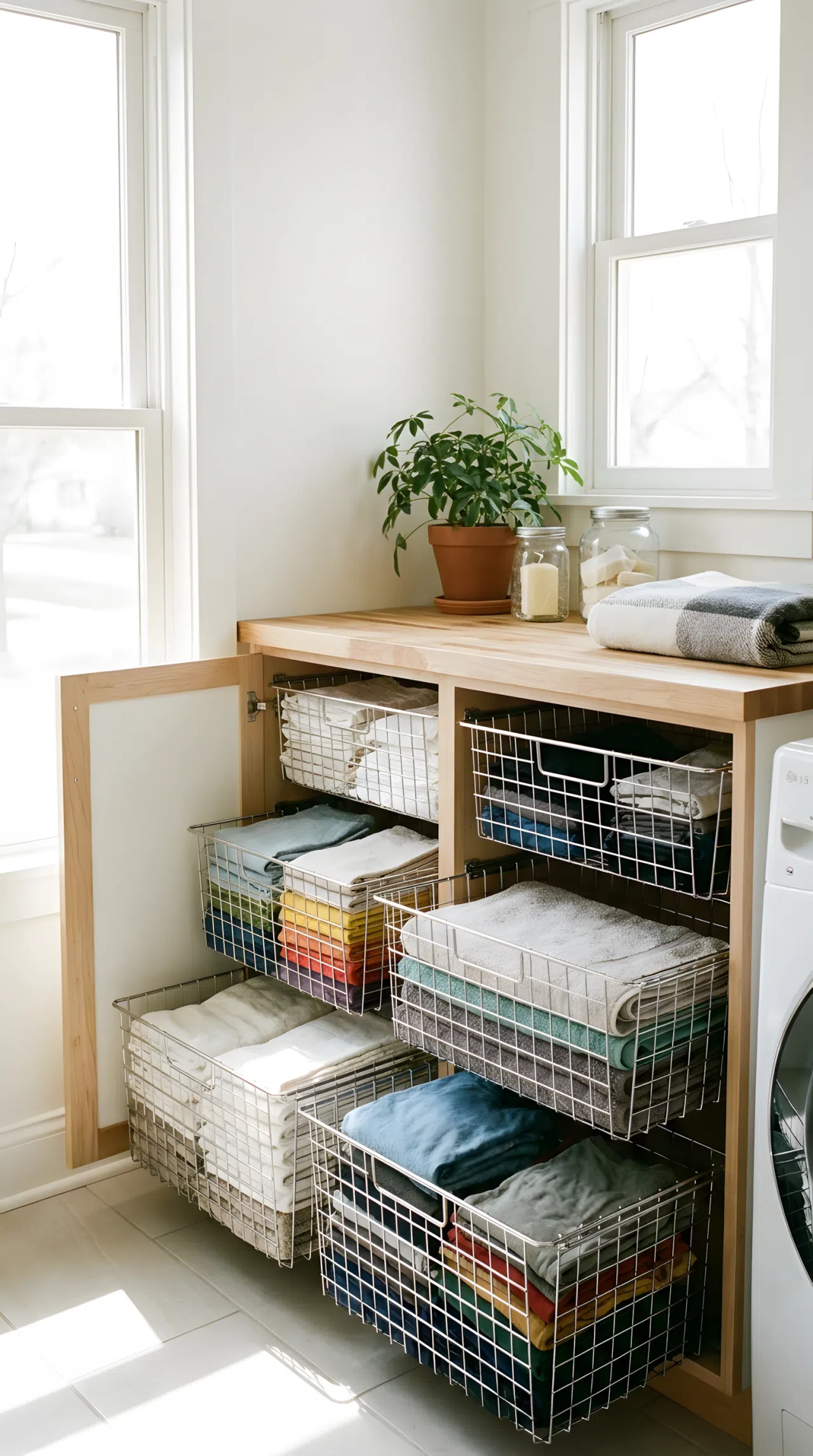 A realistic photograph of a laundry cabinet with open wire basket drawers holding folded clothes