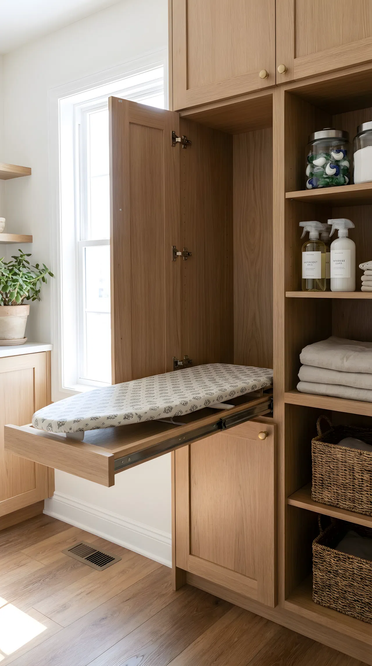 A realistic photograph of a laundry cabinet combo with a fold-out ironing board and side shelves holding cleaning supplies