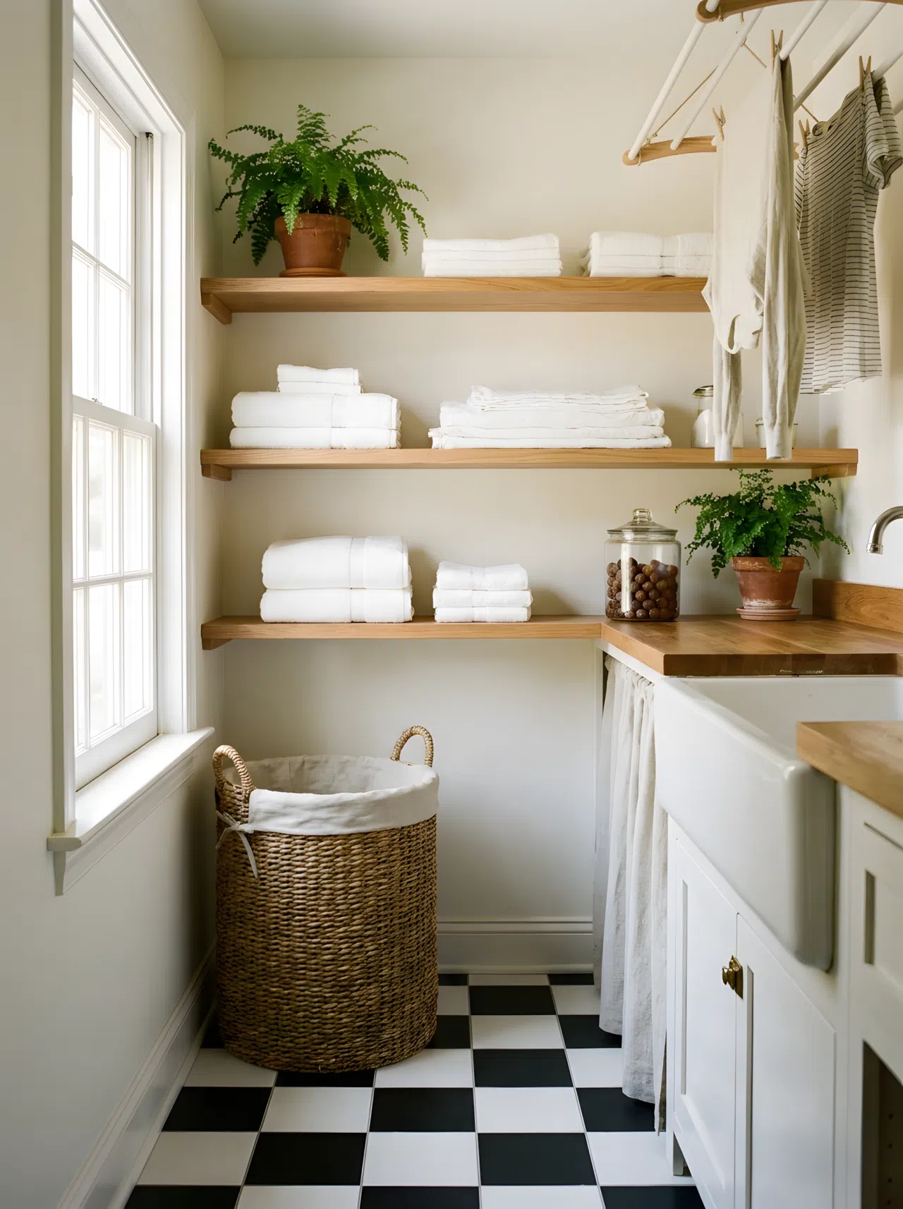 A cozy laundry nook with classic black and white checkerboard tile flooring, a woven laundry basket neatly placed in the corner, fresh folded linens on a shelf, bright natural light, real-life photography, beautifully arranged and clean.
