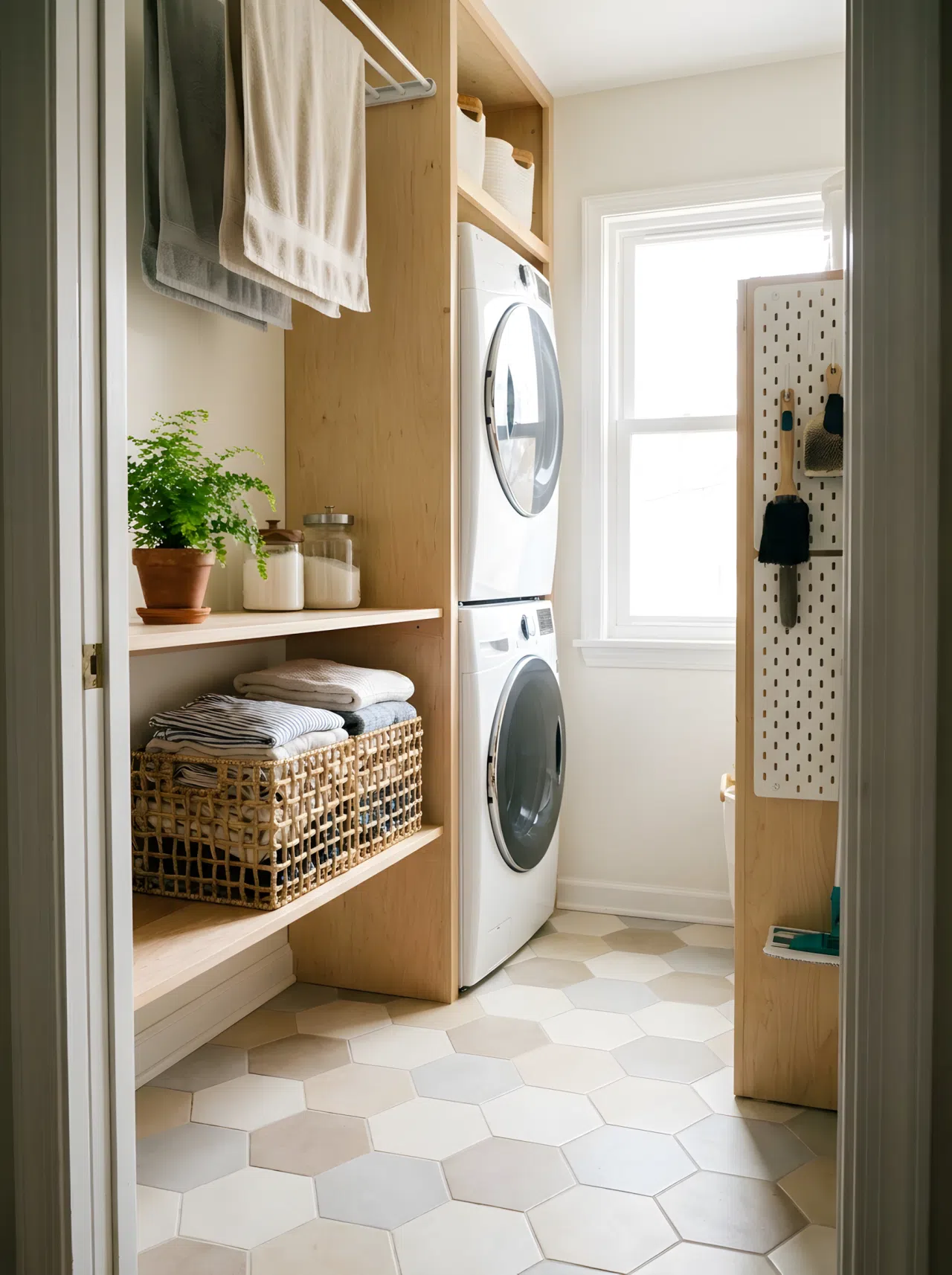 A compact laundry area with soft neutral hexagon patterned floor tiles, a small potted plant on a shelf, clean folded clothes in an open basket, bright natural light, organized and tidy, real-life photography style.