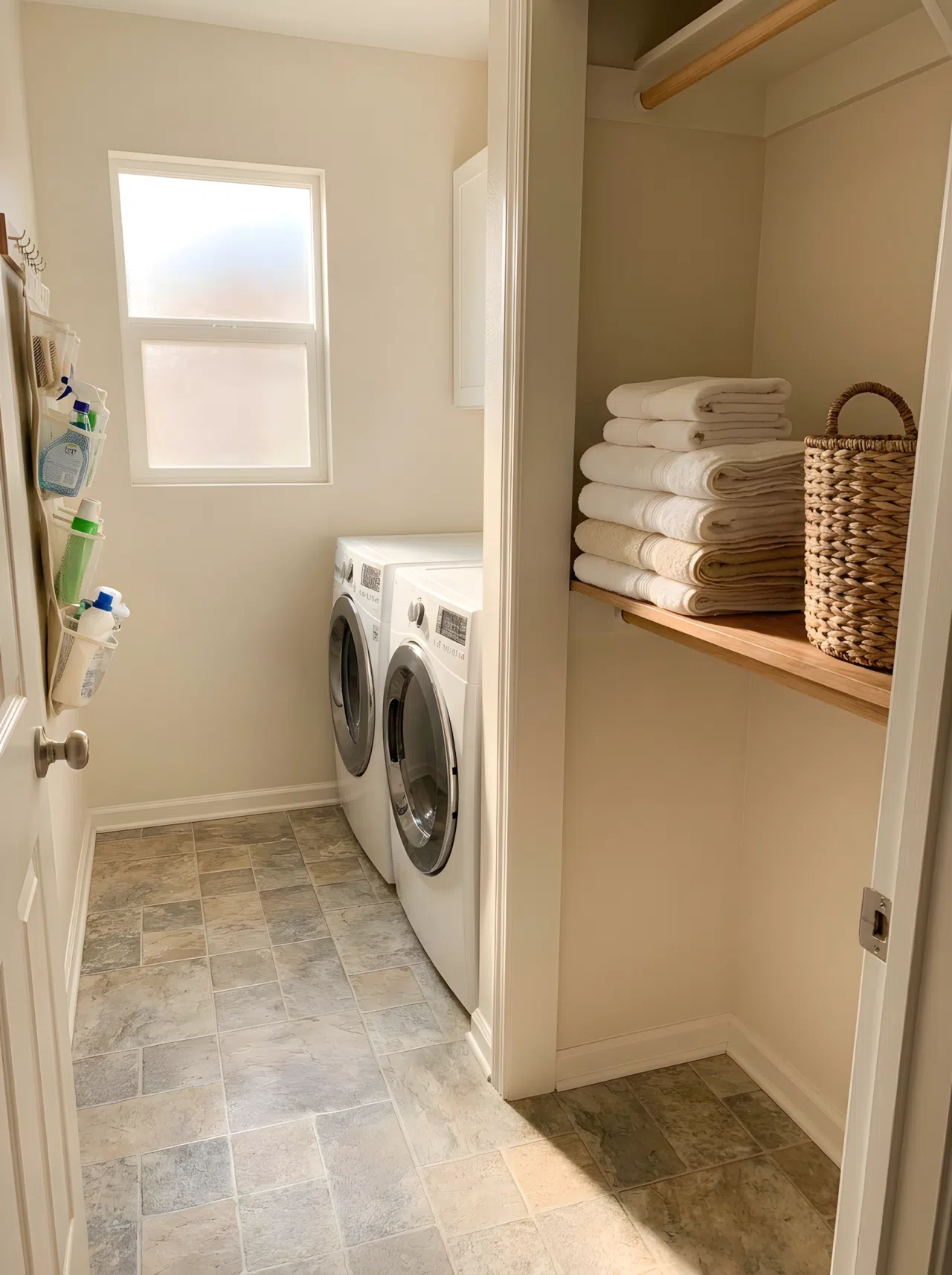 A rental-friendly laundry closet with peel and stick vinyl tiles resembling light stone, a neatly stacked set of towels, bright natural light through a small window, clean and organized, real-life photography, no studio setup.