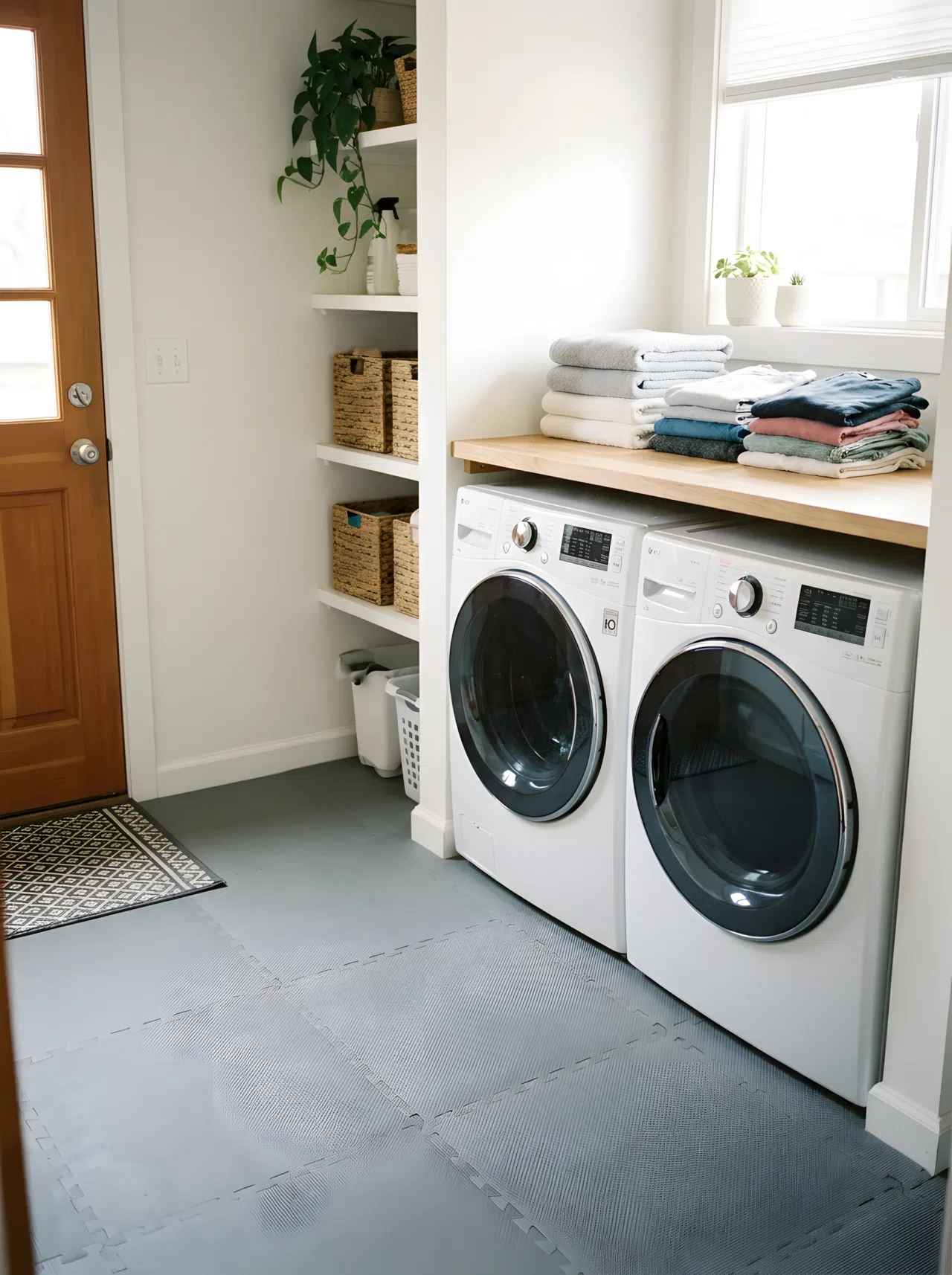 A laundry room with soft gray rubber flooring, a washer and dryer with neatly folded clothes on top, a small non-slip mat by the door, bright natural light, clean and organized, real-life photography style.