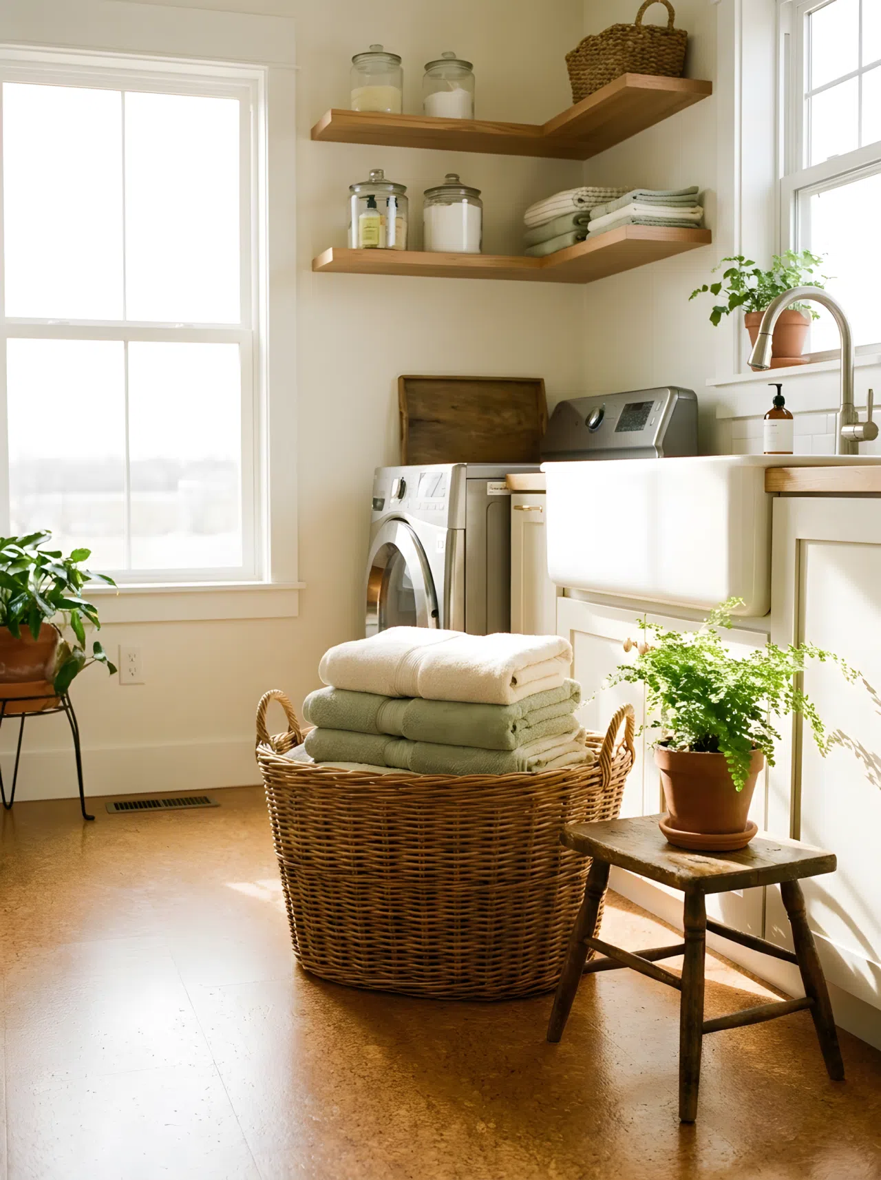 A warm laundry room with sealed cork flooring, a wicker basket filled with neatly folded towels, a small wooden stool nearby, bright natural light, beautifully arranged, real-life photography, clean aesthetic.