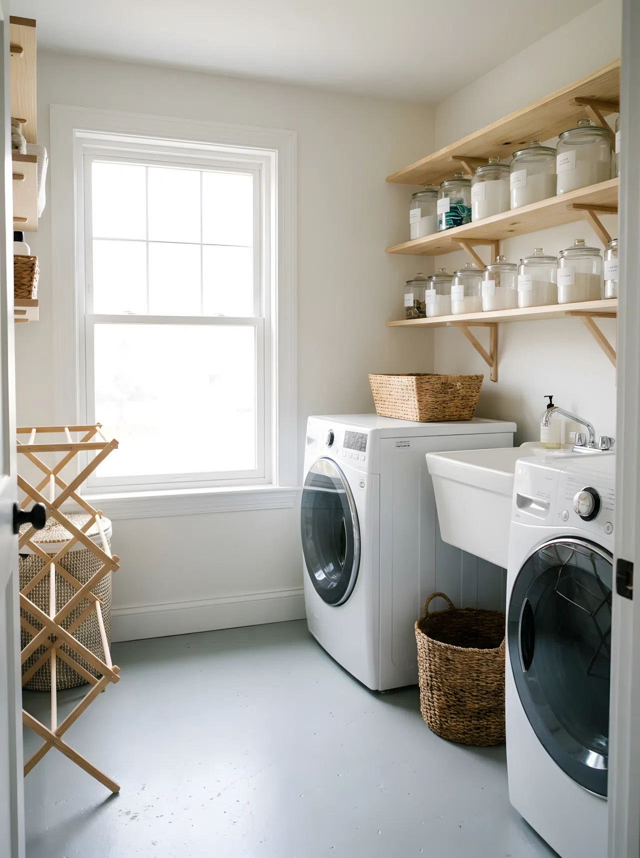 A laundry room with painted light gray concrete flooring, minimalist shelving with neatly organized detergent bottles in glass containers, bright natural light, clean and tidy, real-life photography style.