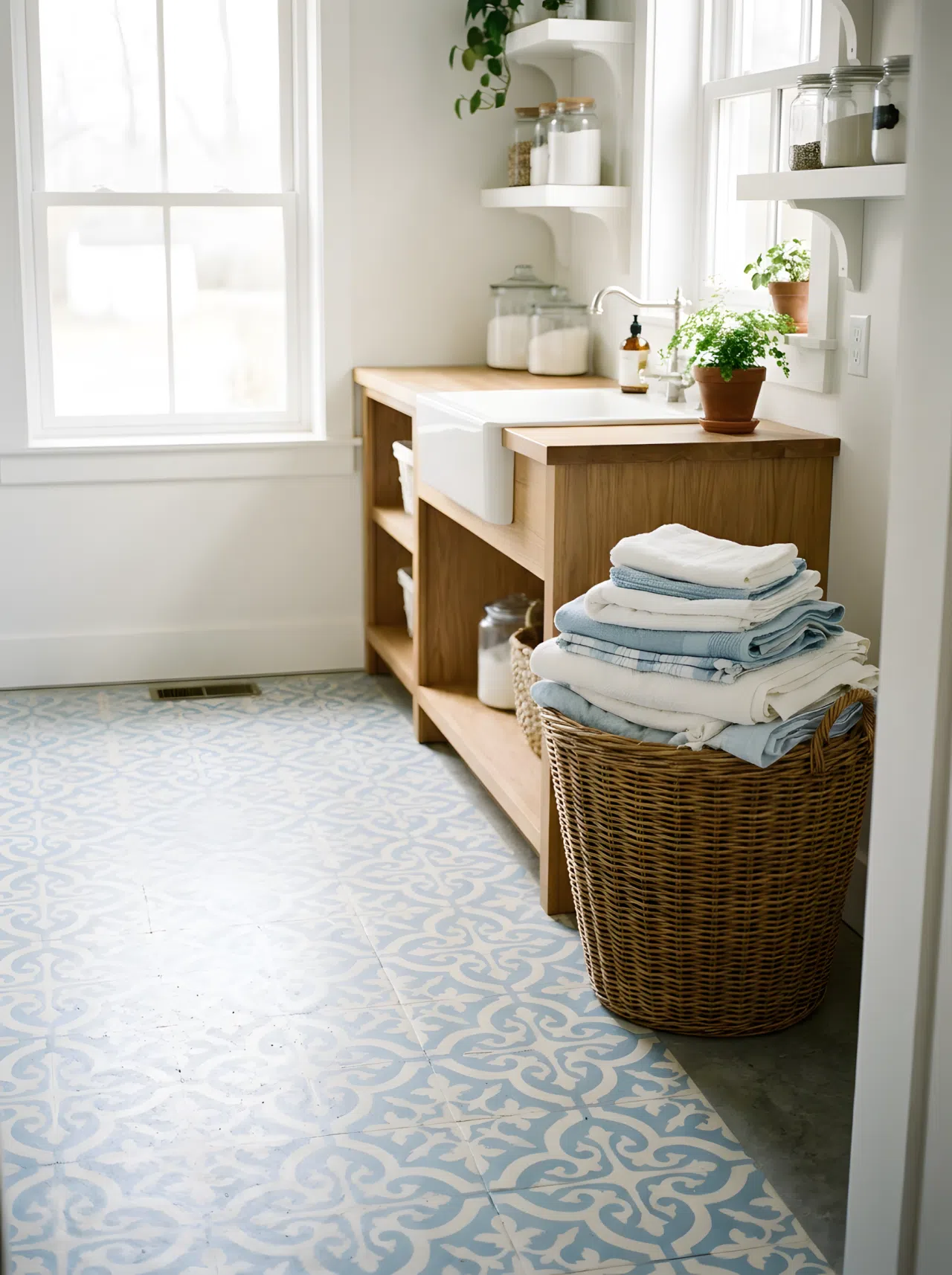 A laundry room floor featuring a hand-stenciled pattern in soft blue and white, neatly folded laundry stacked in a basket nearby, bright natural light, clean and organized, real-life photography style.